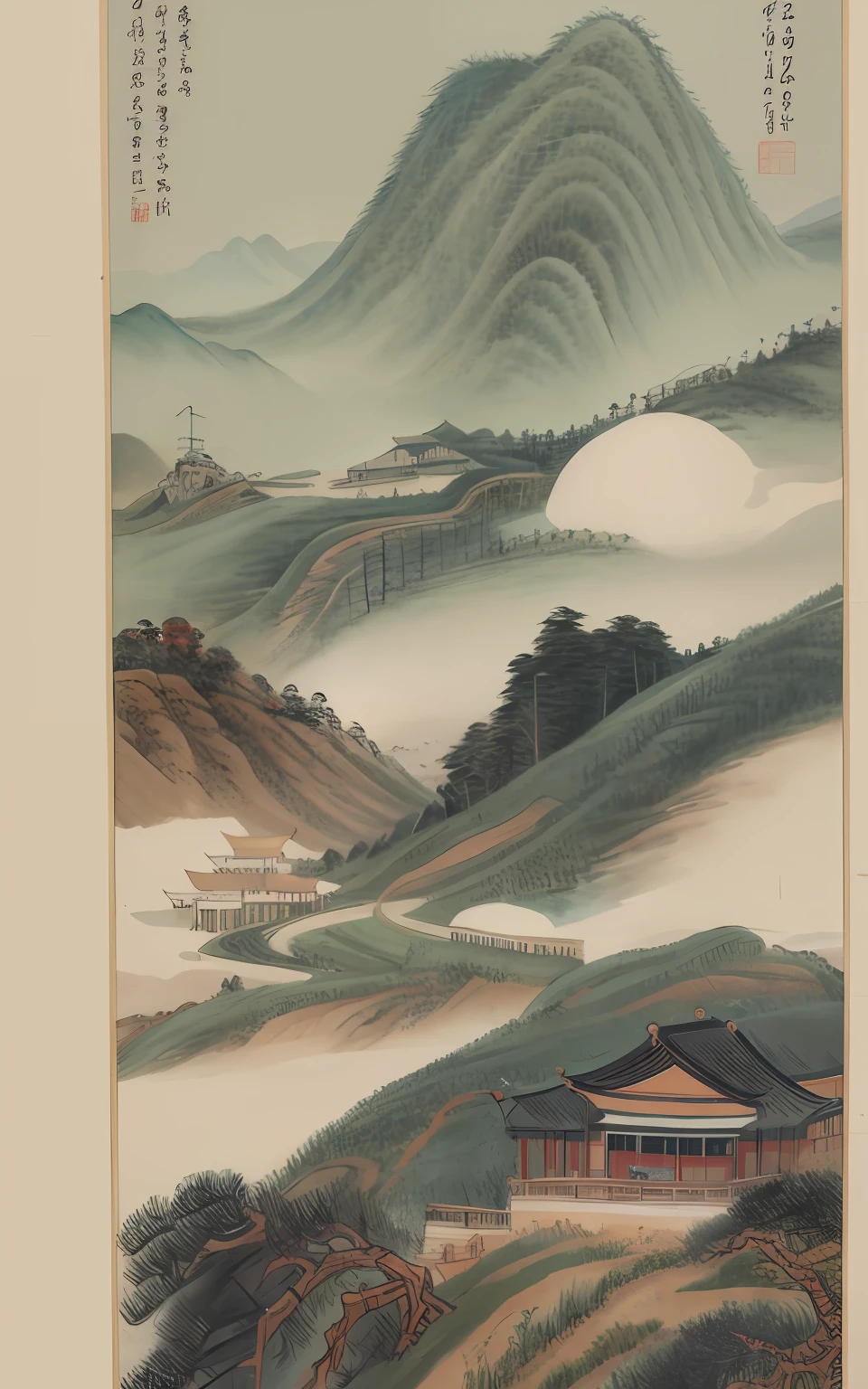 high high quality, mont, mist, the trees,mont,scenecy,Skysky,Chen Shaomei,clouds,The tree,chinese paintings,with an antique feel,song dynasty,Song painting,Point view characters,pavilion,Bridges,