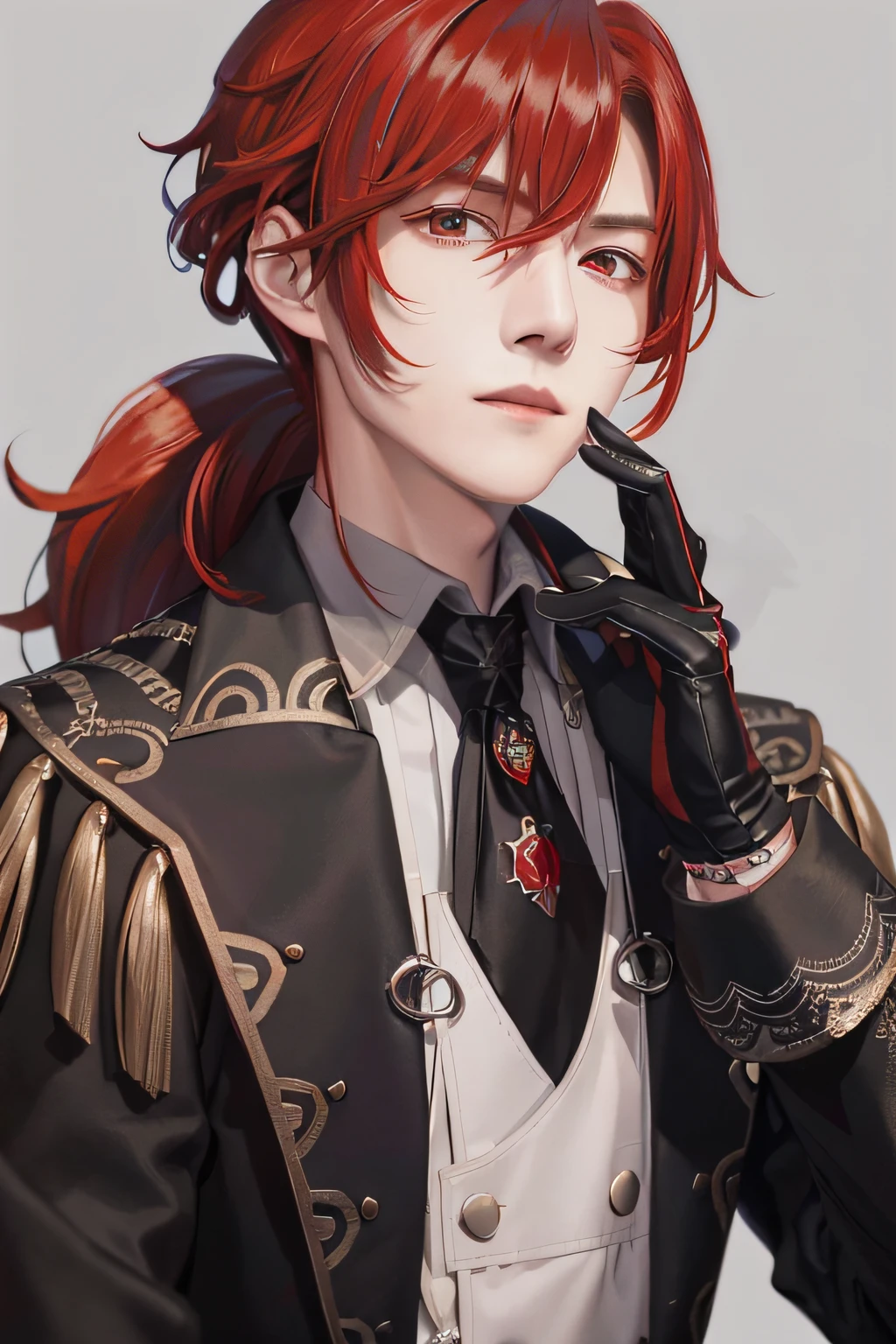 masterpiece, best quality,diluc (genshin impact), 1boy, red hair, male focus, long hair, gloves, solo, red eyes, bangs, long sleeves, looking at viewer, jacket, hair between eyes, ponytail, black gloves, black jacket, (grey background:1.4),(kbxll:0.6)