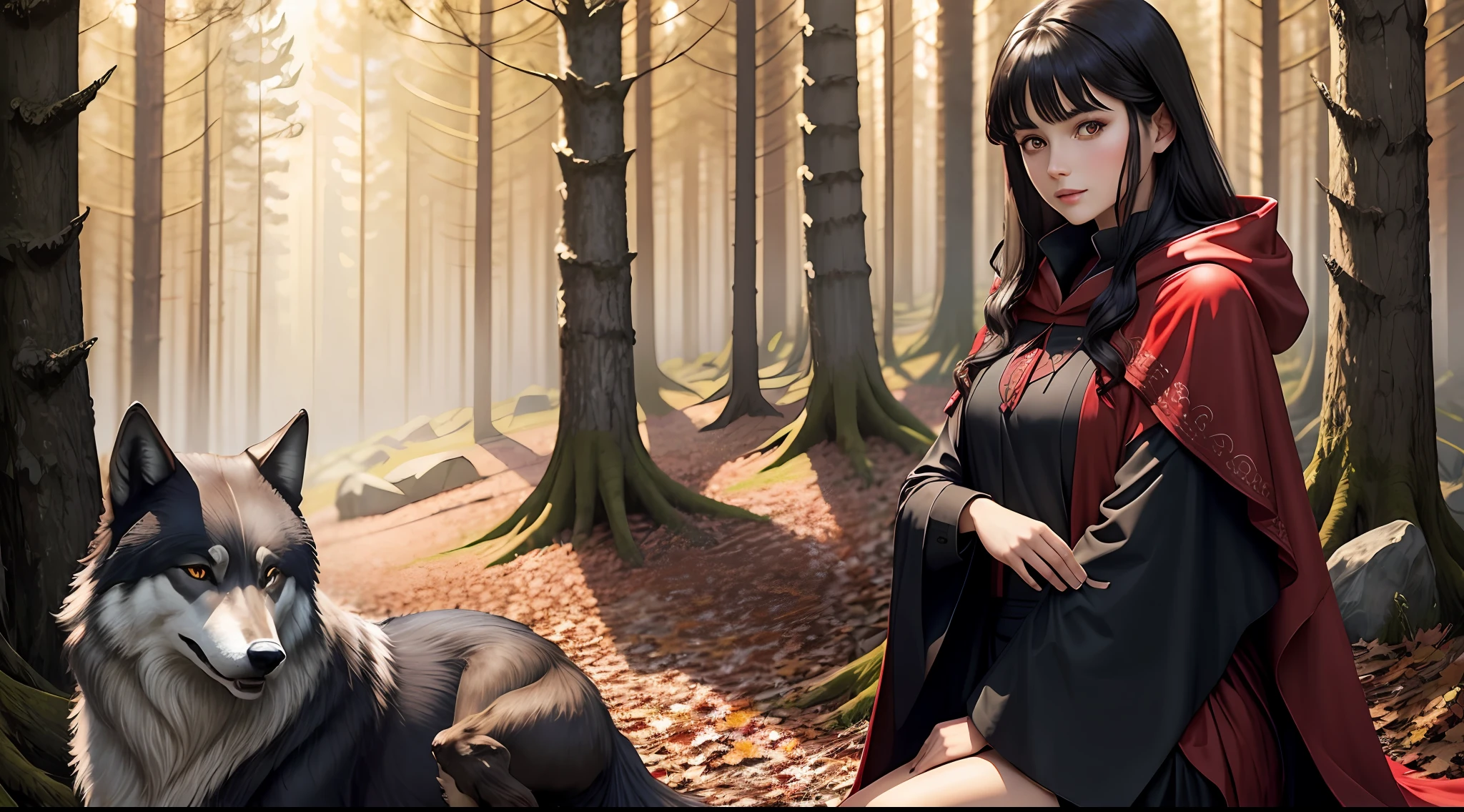 A dark-haired girl in a red cloak and a wolf，at a forest