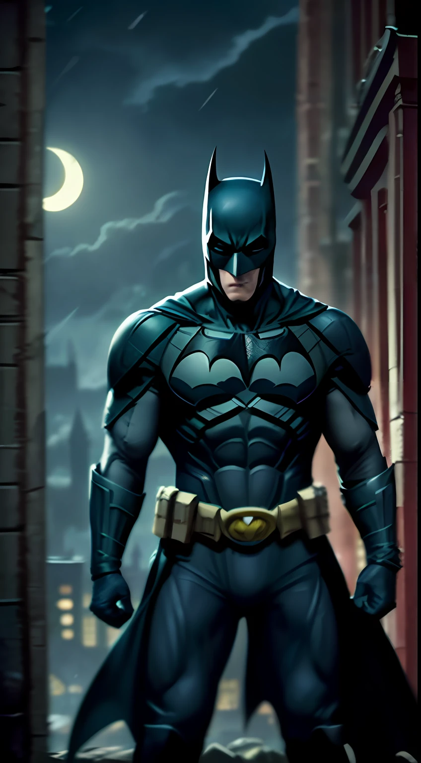Batman of the Dark Knight is imposing in a lost gothic city. Moonlight highlights your muscles and scars. The scenery is lush and mysterious, com tecnologia futurista e arredores, Imagem centralizada.