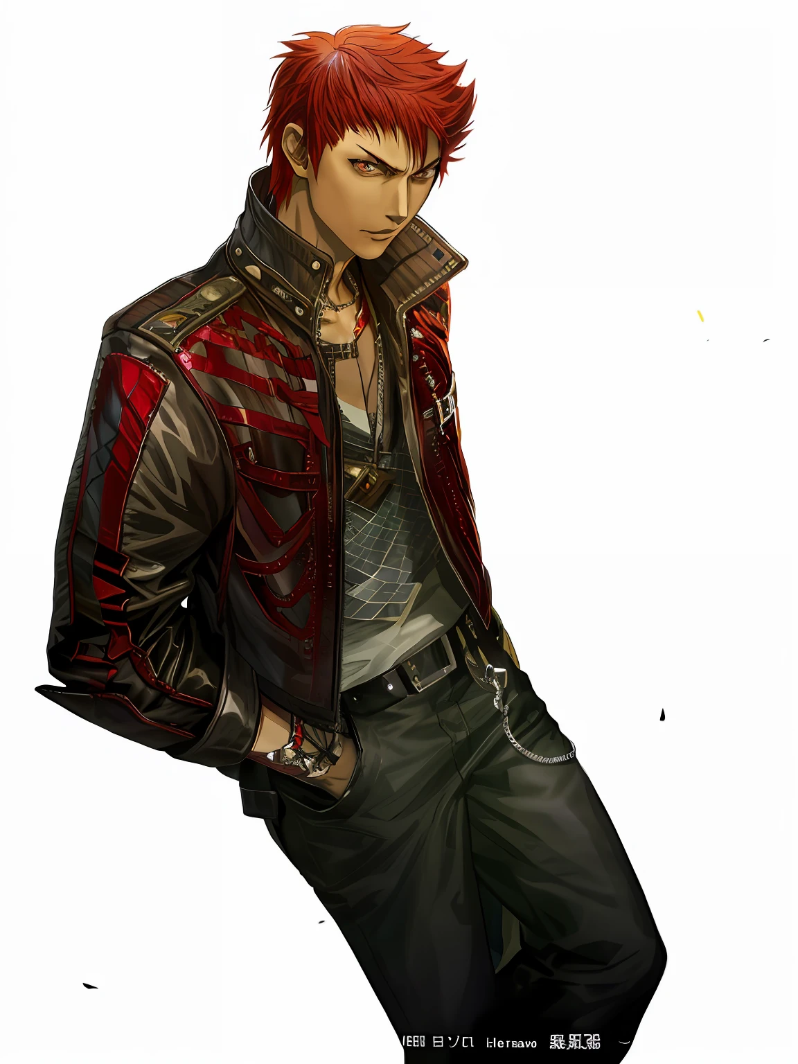 Anime characters with red hair and leather jacket standing in front of black background, son of sparda, dante from devil may cry, no more heroes concept art, Travisda Formation, tsurumaki kazuya, dante from devil may cry 2 0 0 1, shigenori soejima illustration, ( ( concept art of character ) ), highly detailed exquisite fanart
