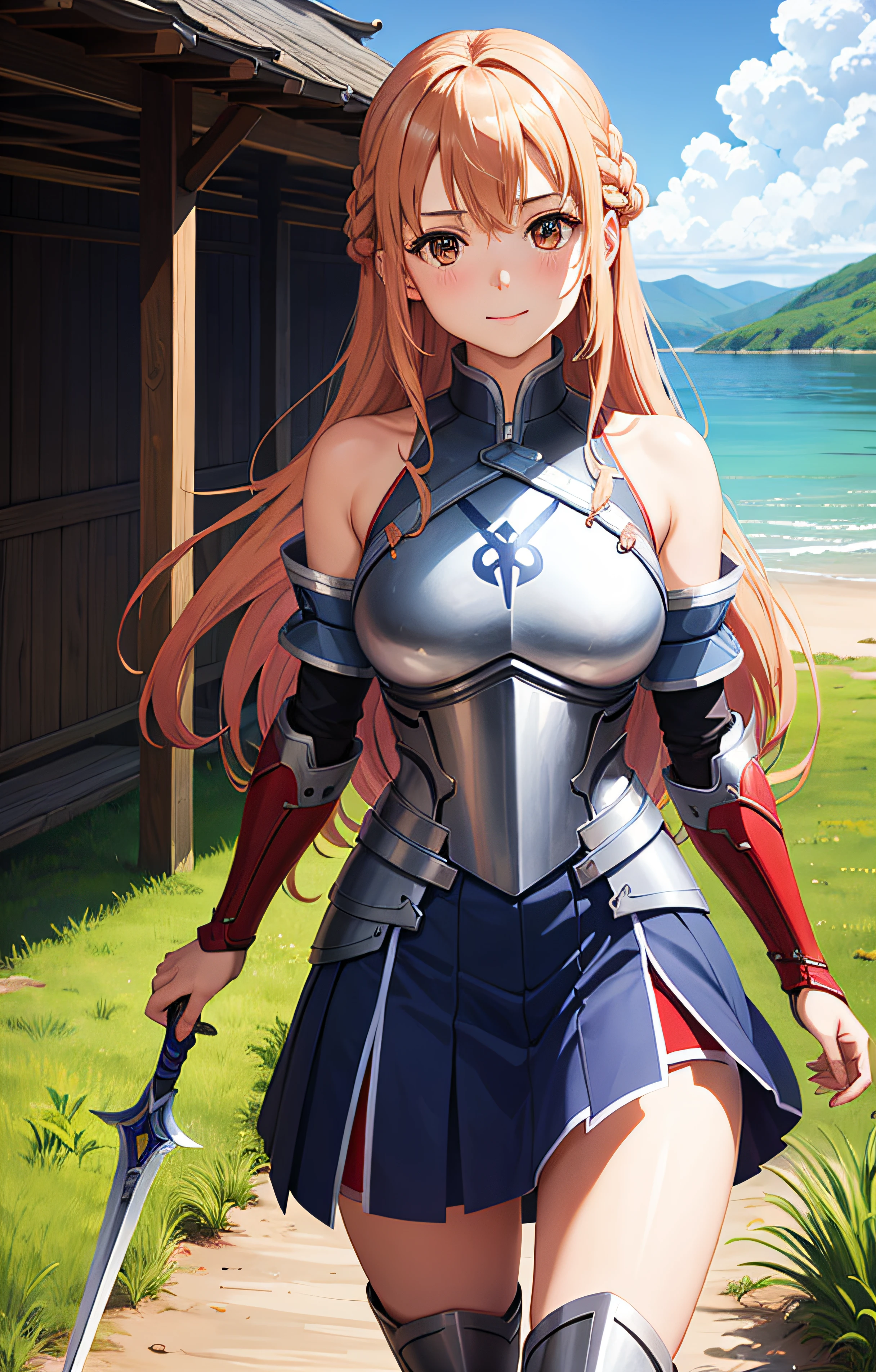 1girl in, s Armor, asuna_\(sao\), bangss, bare_shoulders, blue_sky, red blush, boots, Braids, breastplates, breastplates, breastsout, brown_eyes, closed_mouth, ​​clouds, cloudy_sky, natta, starrysky, milkyway, grassy, hair_between_eyes, long_hair, looking_at_viewer, mont, plein air, lake, Hold the sword, skirt by the, Skysky, a smile, 独奏, thighs thighs thighs thighs, very_long_hair