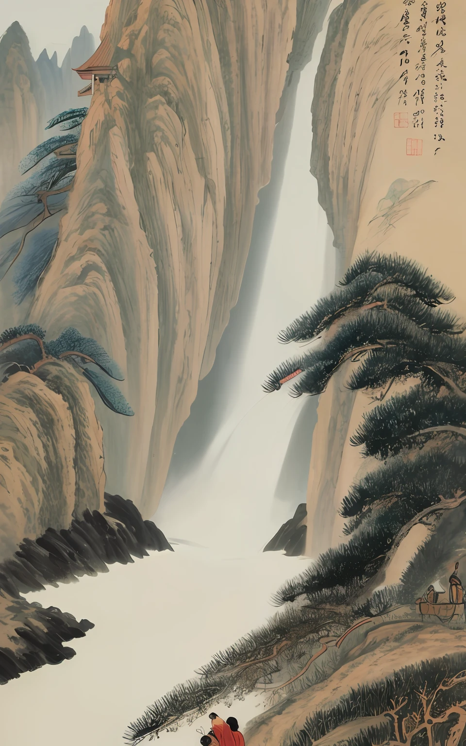 high high quality, mont, mist, the trees,mont,scenecy,Skysky,Chen Shaomei,clouds,The tree,chinese paintings,with an antique feel,song dynasty,Song painting,Point view characters,pavilion,Bridges,