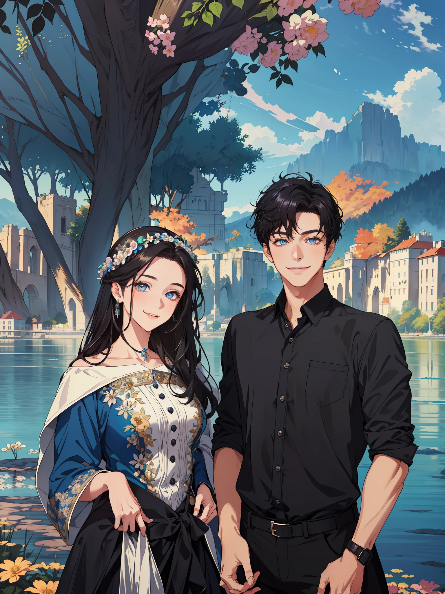 (masterpiece, best quality, highres, Sweet couple, beautiful girl, young boy, smile, couple photo, detailed eyes, blue eyes girl, detailed face, black hair, stylish hair, classy outfit, romantic background, flower crown, highly detailed