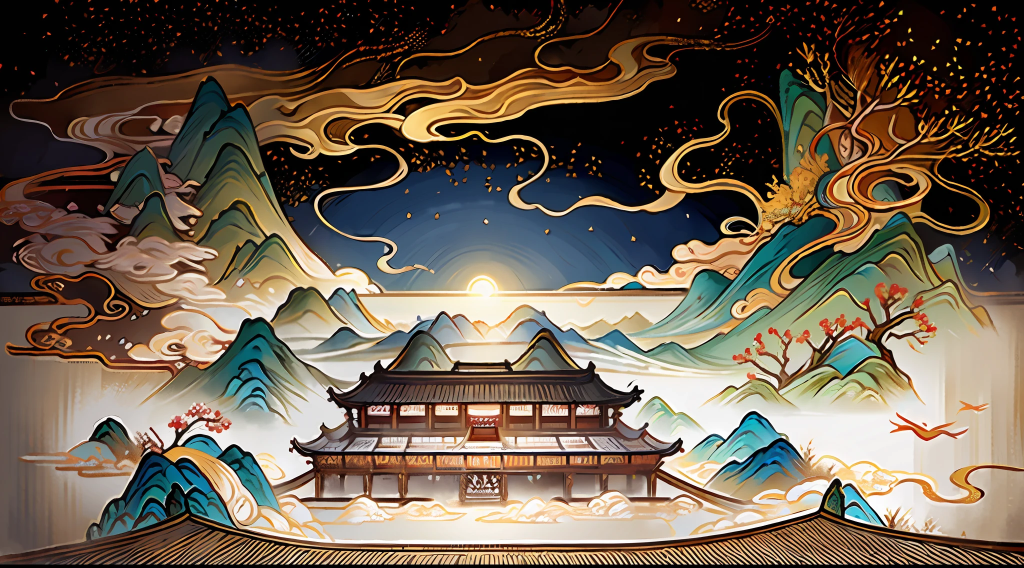 An ancient Chinese painting, ancient Chinese background, mountains, rivers, auspicious clouds, pavilions, sunshine, masterpieces, super detail, epic composition, ultra HD, high quality, extremely detailed, official art, unified 8k wallpaper, Super detail, 32k -- v 6