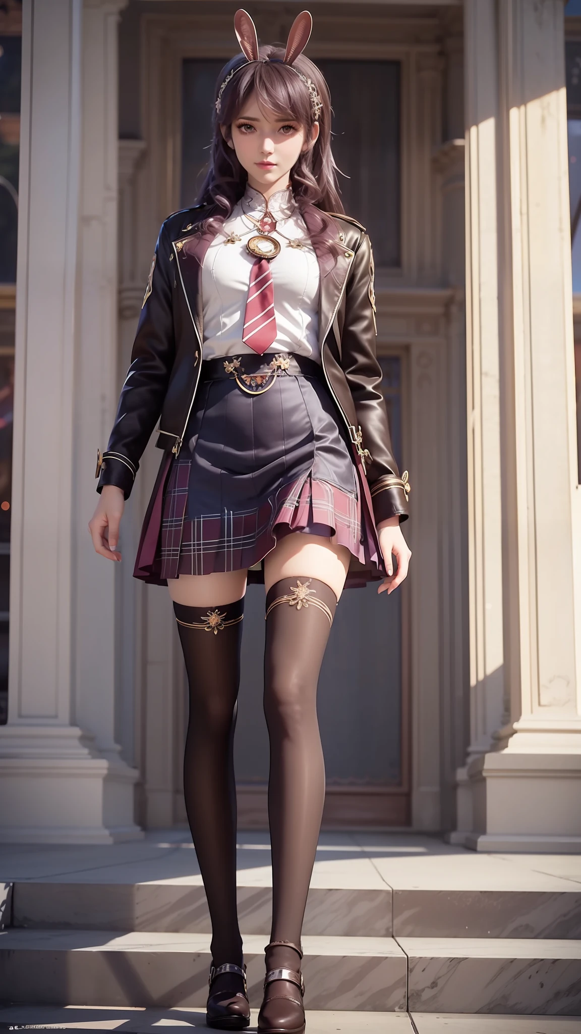 there is a woman in a skirt and a jacket posing for a picture, Surrealism female students, Surrealism female students, Realistic schoolgirl, thighhighs and skirt, photorealistic anime girl rendering, 3 d anime realistic, Smooth anime CG art, photorealistic full body, Photorealistic anime, Realistic anime 3 D style, photorealistic perfect body, wearing skirt and high socks