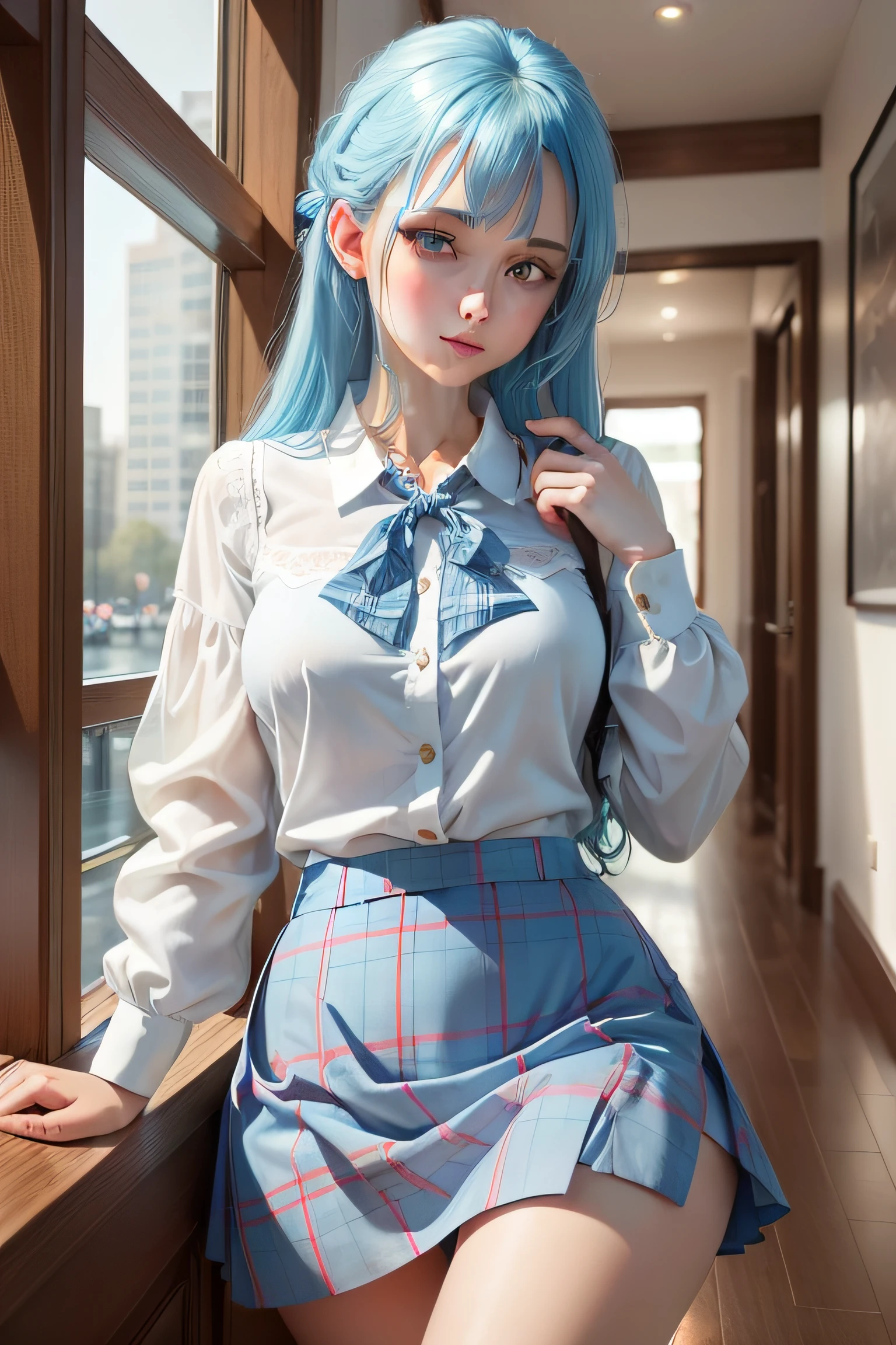 The best picture quality，one-girl，realisticlying，blue hairs，blue color eyes，White color blouse，Blue plaid skirt，Pure，tmasterpiece，Top image quality，
