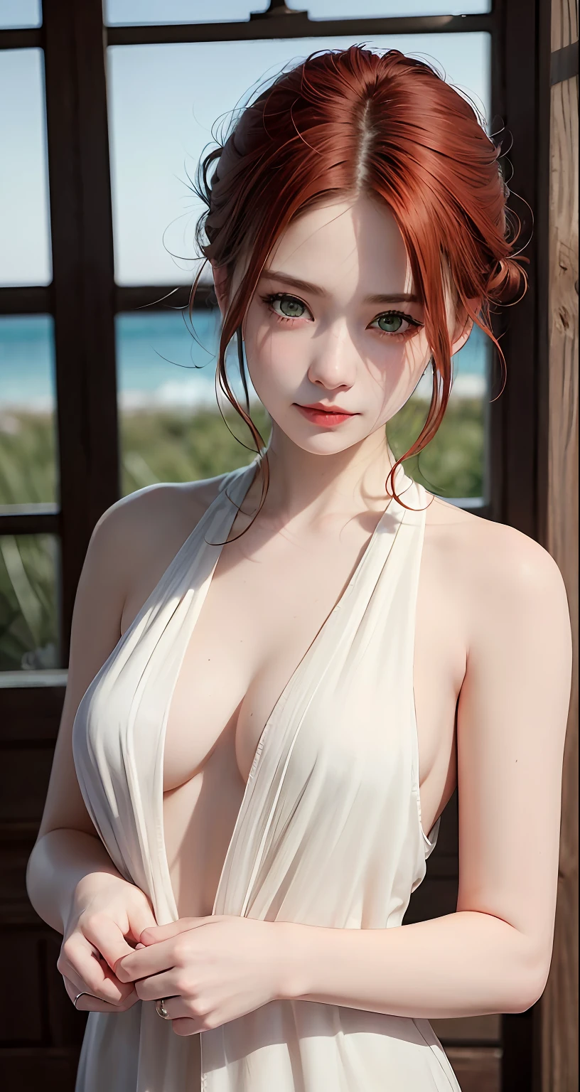 8k, RAW Photography, portlate, Kamimei、short-hair、top-quality, 超A high resolution、耳Nipple Ring、鎖骨、onepiece、Braids、window、Photorealsitic, 女の子1人, full bodyesbian, redhair, Green eyes、piercings, a smile, eye lashes, 电影灯光, depth of fields, lensflare
