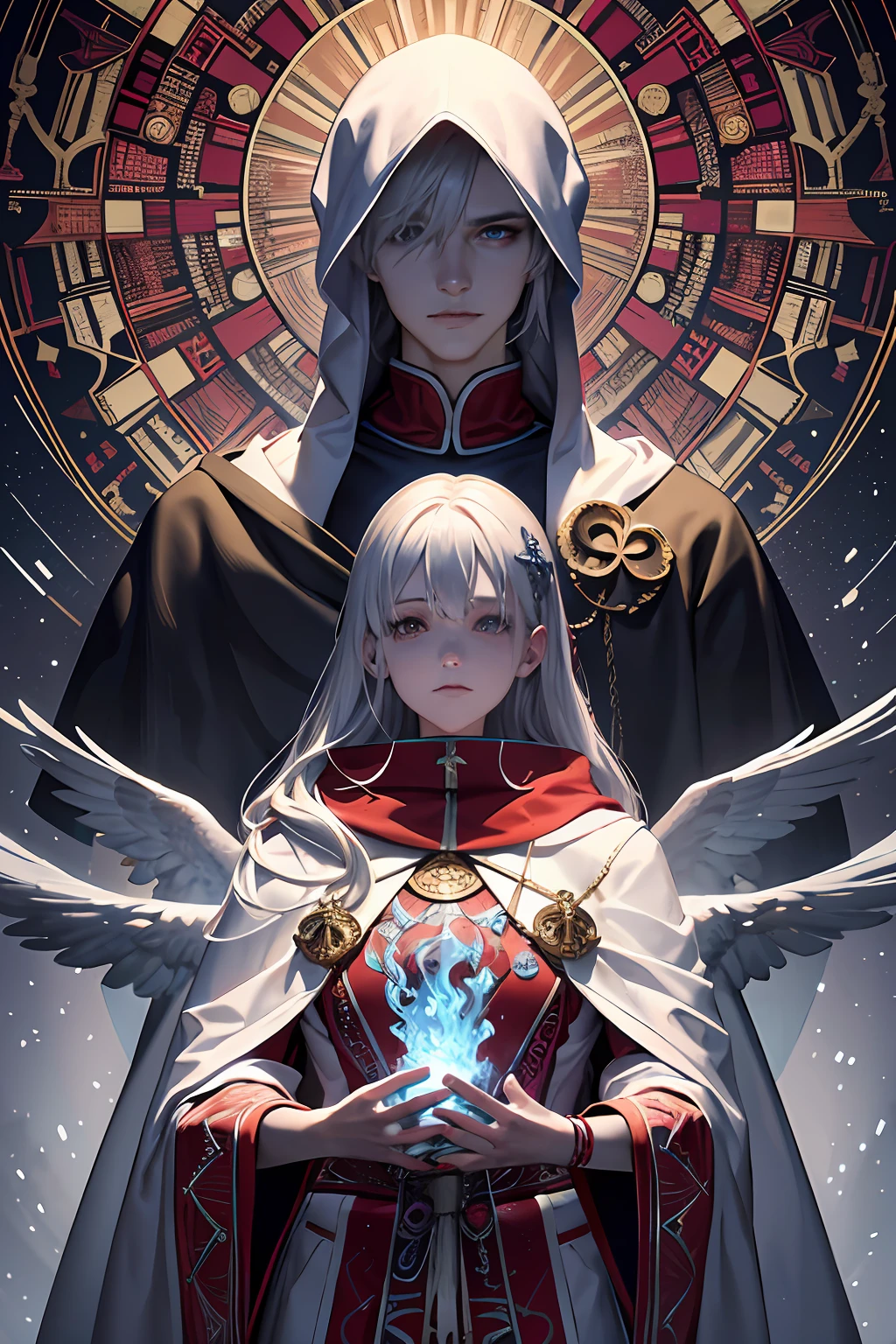1 man in a snow-covered hoodie with red and blue accents ,holding a dying flame in his hands, The head is playfully tilted to the side, silver haired, hairlong, white colored hair, white robe, Ecclesiastical symbolism, Statue, realisti, (tmasterpiece, hiquality, beste-Qualit, Official art, Beautiful and aesthetically pleasing: 1.2), Extremely detailed, s fractal art, colourful, As detailed as possible, zentangle