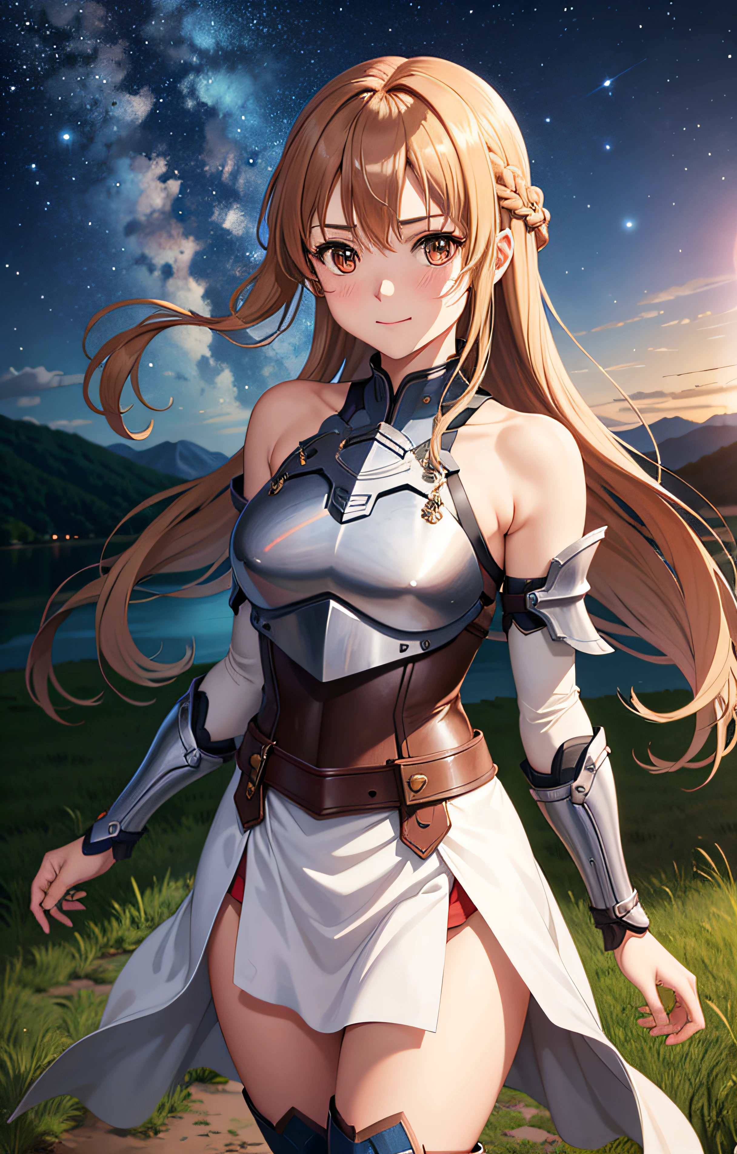 1girl in, s Armor, asuna_\(sao\), bangss, bare_shoulders, mid night, red blush, boots, Braids, breastplates, breastplates, breastsout, brown_eyes, closed_mouth, ​​clouds, Hair fluttering in the wind, natta, starrysky, milkyway, grassy, hair_between_eyes, long_hair, looking_at_viewer, mont, plein air, lake, Hold the sword, skirt by the, Skysky, a smile, 独奏, thighs thighs thighs thighs, very_long_hair