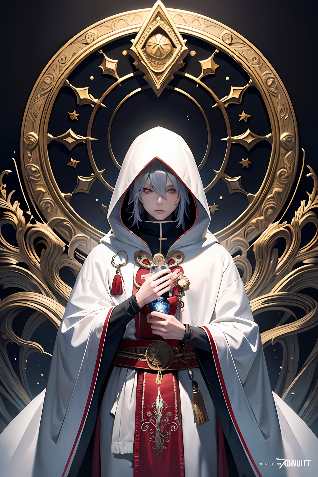 1 man in a snow-covered hoodie with red and blue accents ,holding a dying flame in his hands, The head is playfully tilted to the side, silver haired, hairlong, white colored hair, white robe, Ecclesiastical symbolism, Statue, realisti, (tmasterpiece, hiquality, beste-Qualit, Official art, Beautiful and aesthetically pleasing: 1.2), Extremely detailed, s fractal art, colourful, As detailed as possible, zentangle
