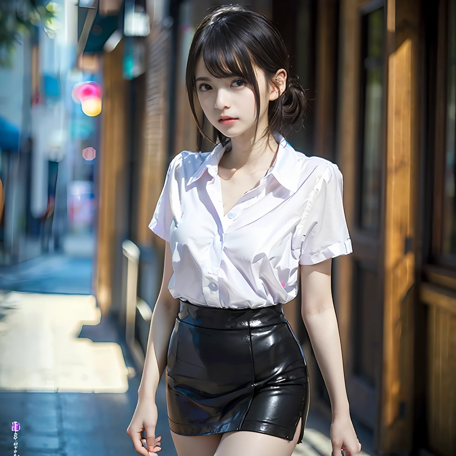 Random posture、mix4、(8K、RAW Photos、top-quality、​masterpiece:1.2)、(realisitic、Photorealsitic:1.37)、One girl、cute little、fullbody image、Walking、The whole face is in the picture.、breastsout、White button-up shirt、Black leather tight skirt、profetional lighting、Photon mapping、Physically-based rendering,Gradient black hair, short  curly hair, a handsome, girl with, top quality photo, hight resolution, 1080p, (Clear face), (Detailed face description), (Detailed hand description）、（​masterpiece）、（Elaborate CG）、extreme light and shadows、The work of the master、abundant detail、（Fine facial features）、（top quality photo）、（​masterpiece）、（A detailed eye）、Look ahead of youeyes、Fine clavicle、Thin leg、outside of house