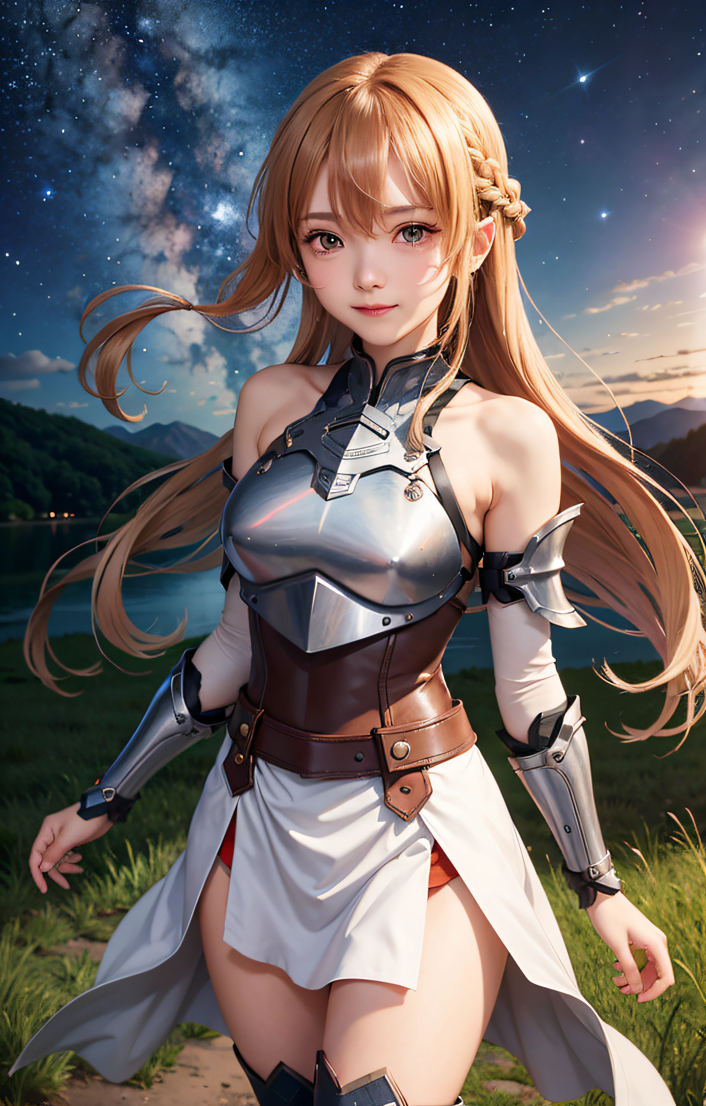 Raw photography, Detailed CG image quality, 8K, 1girl in, s Armor, asuna_\(sao\), bangss, bare_shoulders, mid night, red blush, boots, Braids, breastplates, breastplates, breastsout, Orange_eyes, closed_mouth, clouds, Hair fluttering in the wind, natta, starrysky, milkyway, grassy, hair_between_eyes, long_hair, looking_at_viewer, mont, plein air, lake, Hold the sword, skirt by the, Skysky, a smile, 独奏, thighs thighs thighs thighs, very_long_hair