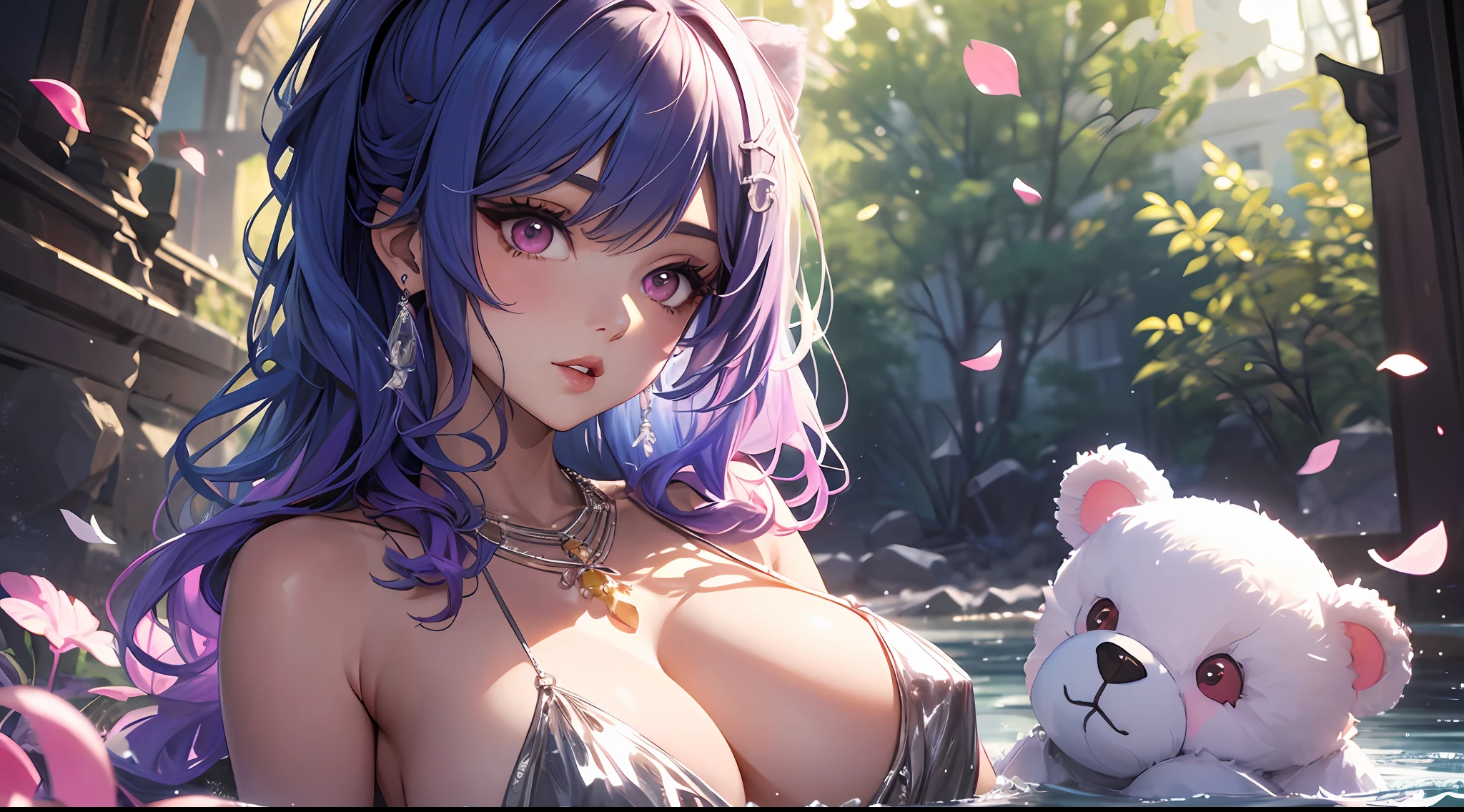 A 20-year-old girl walks on a river， mix4， Sweaters， pillow head， cparted lips， Open_Mouth， photorealestic， Photo_\（curly\）， 独奏， stuffed_Animal， stuffed_toys， teddy_bear，（tmasterpiece），（realisticlying：1.3）， Hyper-detailing， （highdetailskin：1.2），（best qualtiy：1.0）， （超高分辨率：1.0）， （Ulzzang-6500：0.3）， Wavy detail hair， long whitr hair， rays of sunshine， （Beautiful detail makeup）， （ arousal blushing heavy breathing：1.0）， Flower theme flower petals scattered， （Soft glow overflow：0.5）H cup big breasts，Blush、