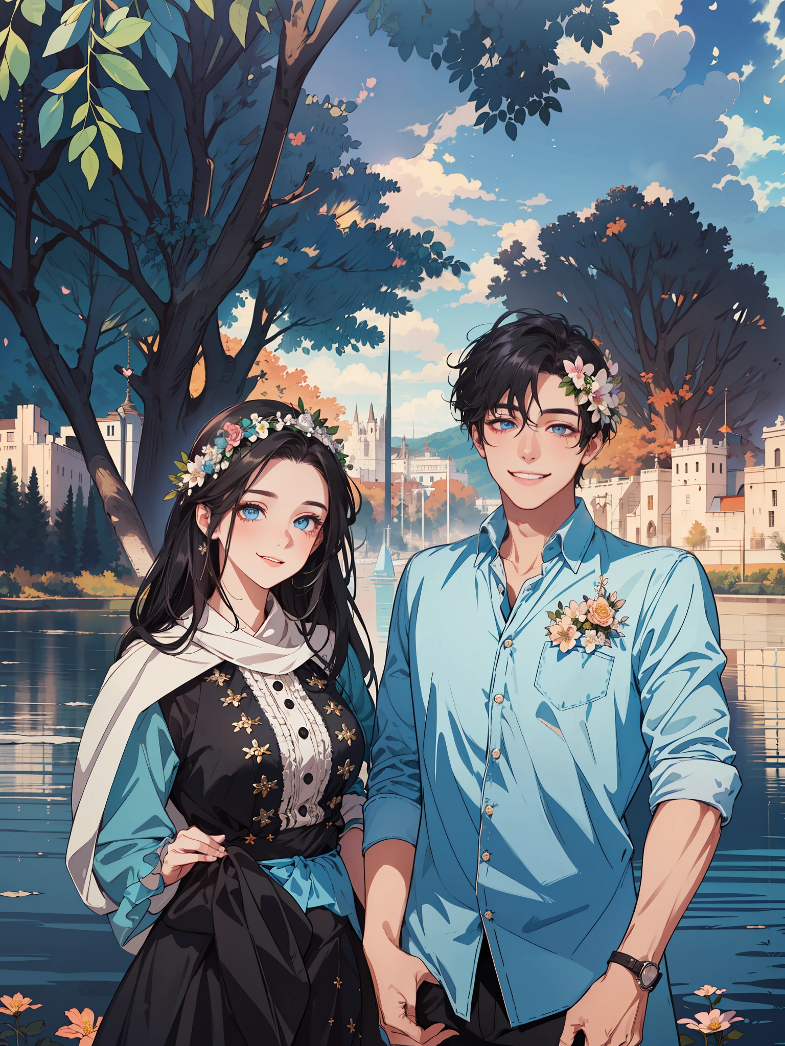 (masterpiece, best quality, highres, Sweet couple, beautiful girl, young boy, smile, couple photo, detailed eyes, blue eyes girl, detailed face, black hair, stylish hair, classy outfit, romantic background, flower crown, highly detailed