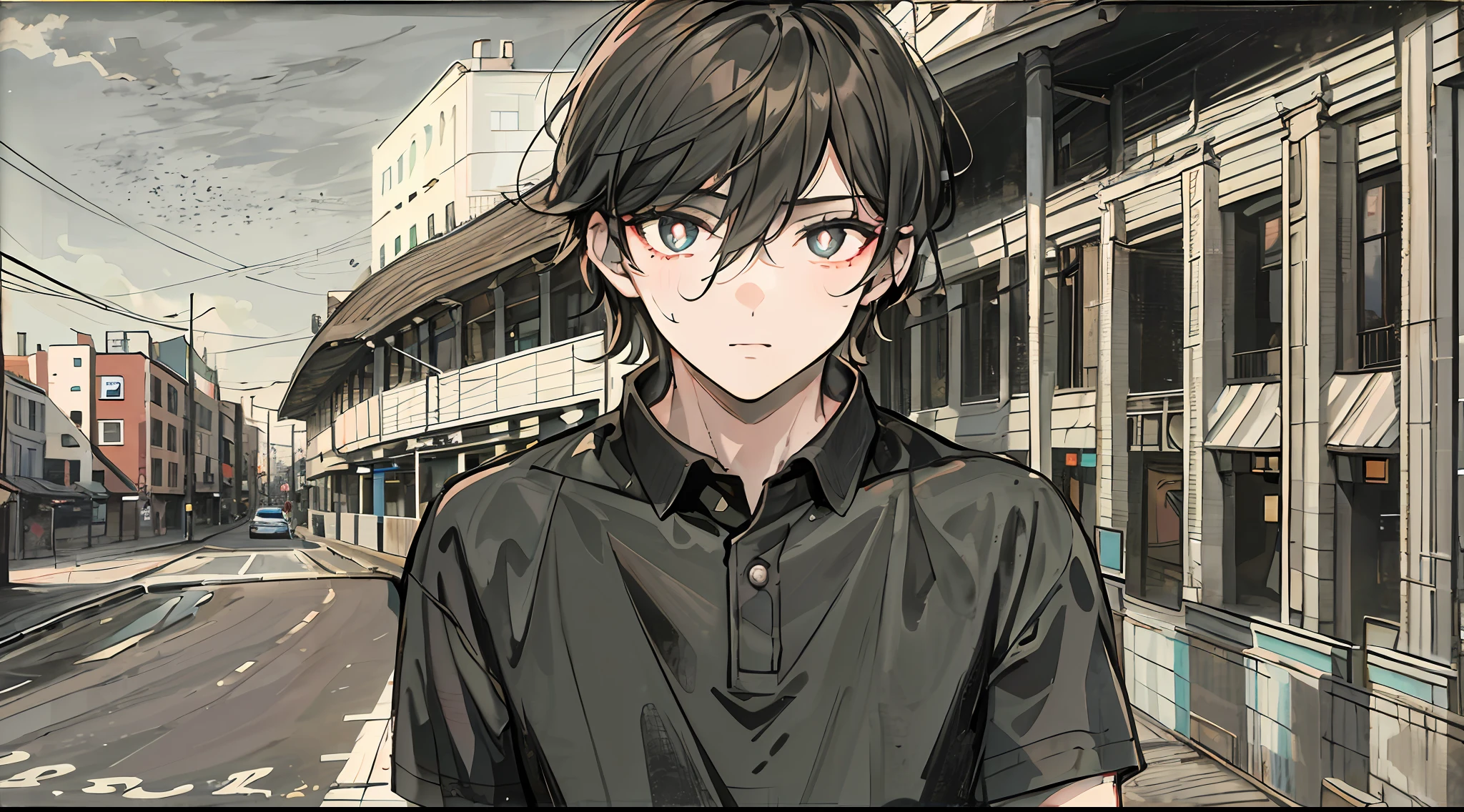 A 20-year-old boy，wearing a blacked shirt，brunette color hair，Black pupils，modernn architecture，On the road，