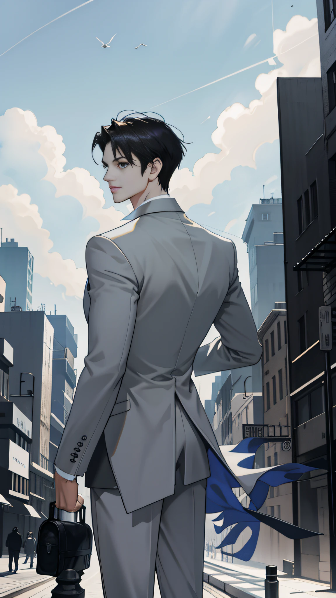 tmasterpiece，best qualtiy，1 male，AS-Adult，Handsome，large tall，a broad shouldered，Delicate eyes and delicate face，Extremely detailed CG unified 8K wallpaper，Complicated details，Very short hair，The optimal ratio of four fingers to one thumb，Neat black suit and coat，modern city scape，the street，skyscrapper，in the afternoon，Best light and shadow，ssmile，（Back head），depth of fields