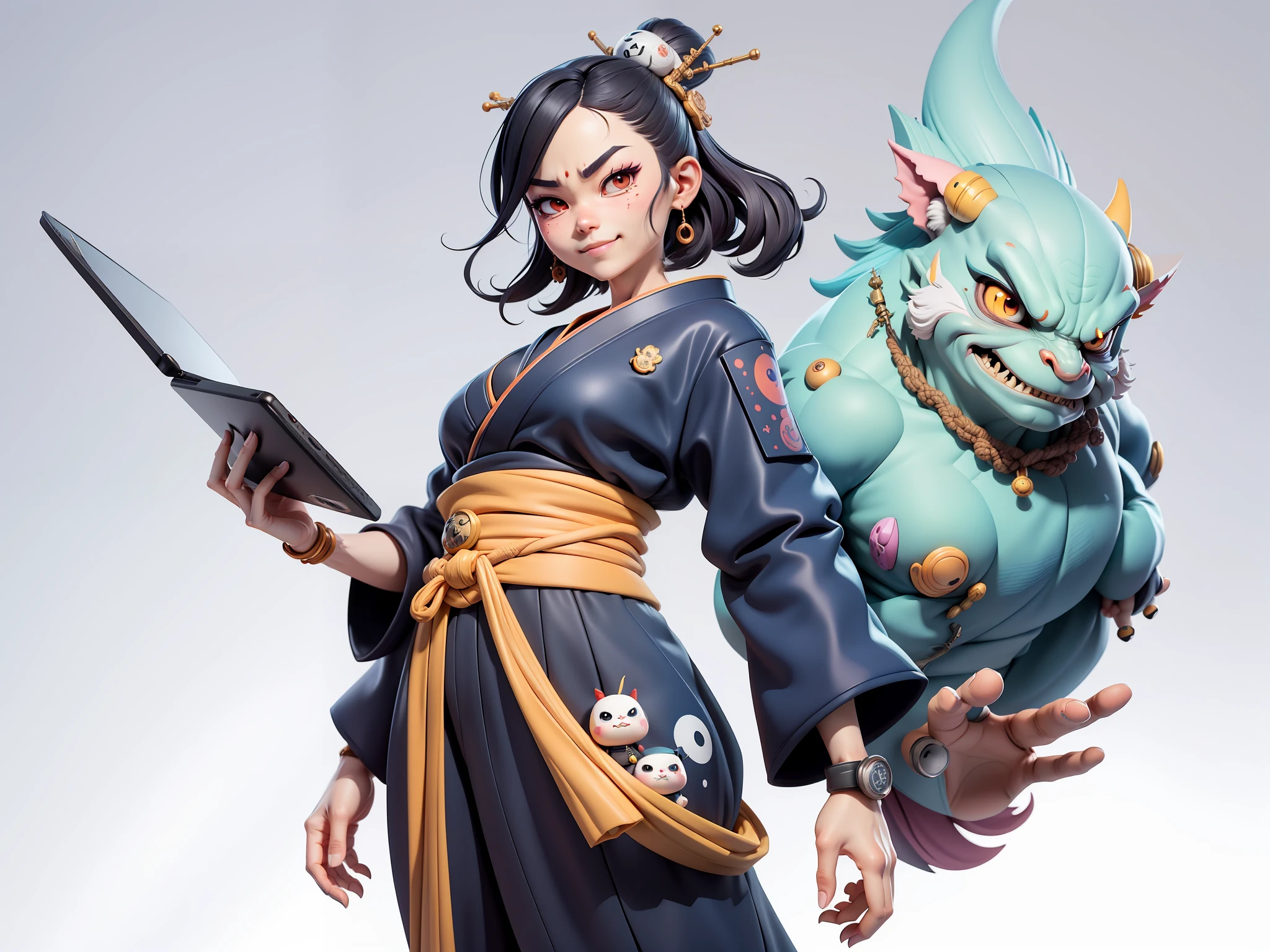 (Daisaku),(Need),(Super meticulous),(full bodyesbian:1.2),Japanese ukiyo-e girl,japanese geisha,Beautiful,Oriental dragon,Aeolian Thor,Raised sexy,爆乳,Oriental face,TV Anchor,Bust portrait illustration,Alone,In black suit,a blue tie,The face is slightly chubby,The face was clean,without a beard,Black super short hair,Black eyes,Smile confidently,3C computer sub-products,iPad, iphone,Digital painting,3D character design by Mark Clairen and Pixar and Hayao Miyazaki and Akira Toriyama,The illustration is a high-definition illustration in 4K resolution,With very detailed facial features and cartoon-style visuals。
