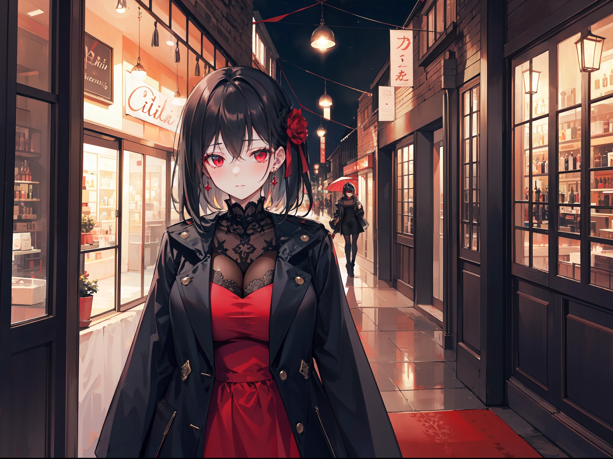 "4k night medieval city, dark atmosphere, there's a milf, with black colour hair, glow red eyes, wears elegant black casual dress and coat, she look shy and blushes"