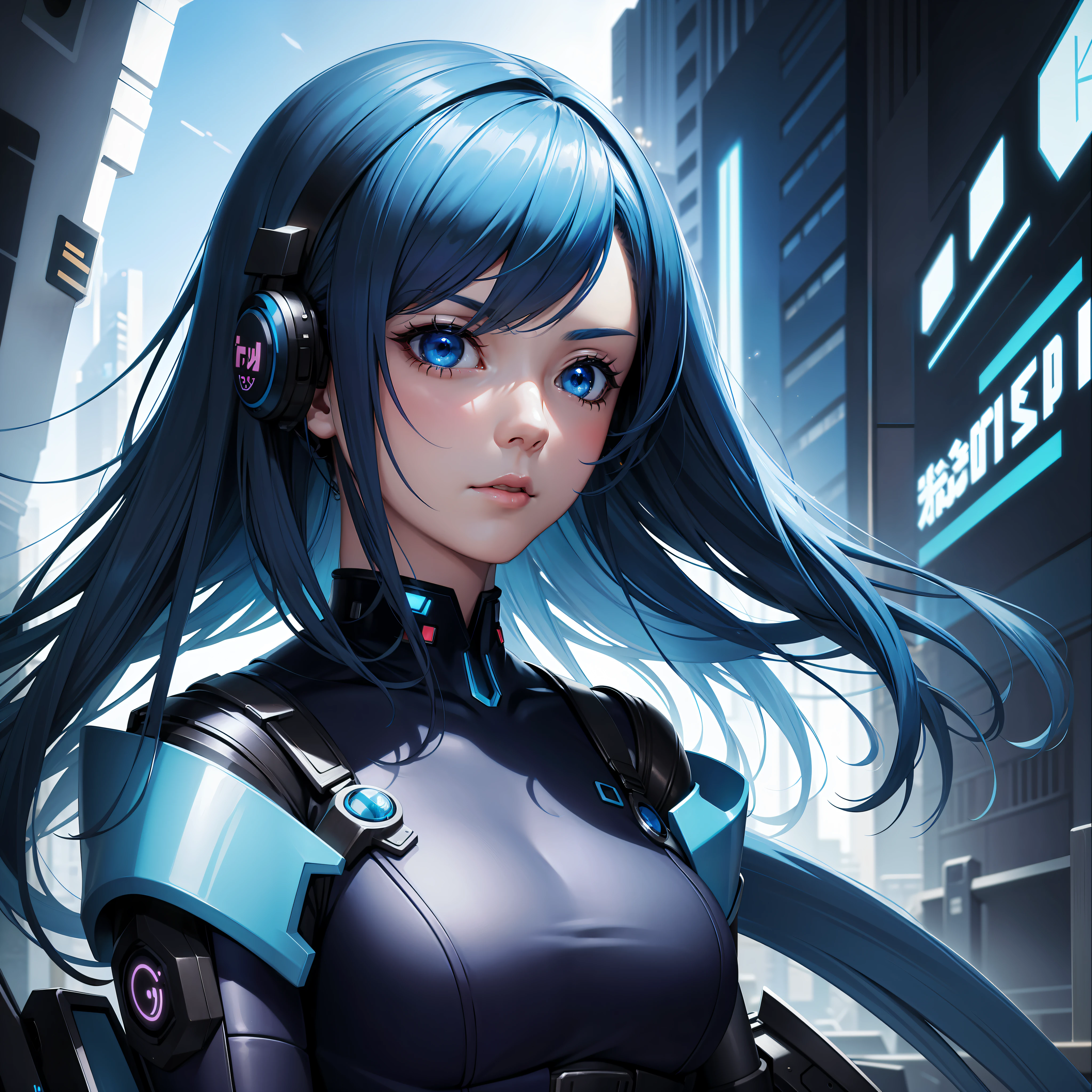 Profile picture half body portrait blue cyberpunk closeup dress up Sci-Fi, cute Anime Japan 2d, Sharp focus 16k resolution Very sharp, Hyper detailed, 8k, Hyper realistic detail
