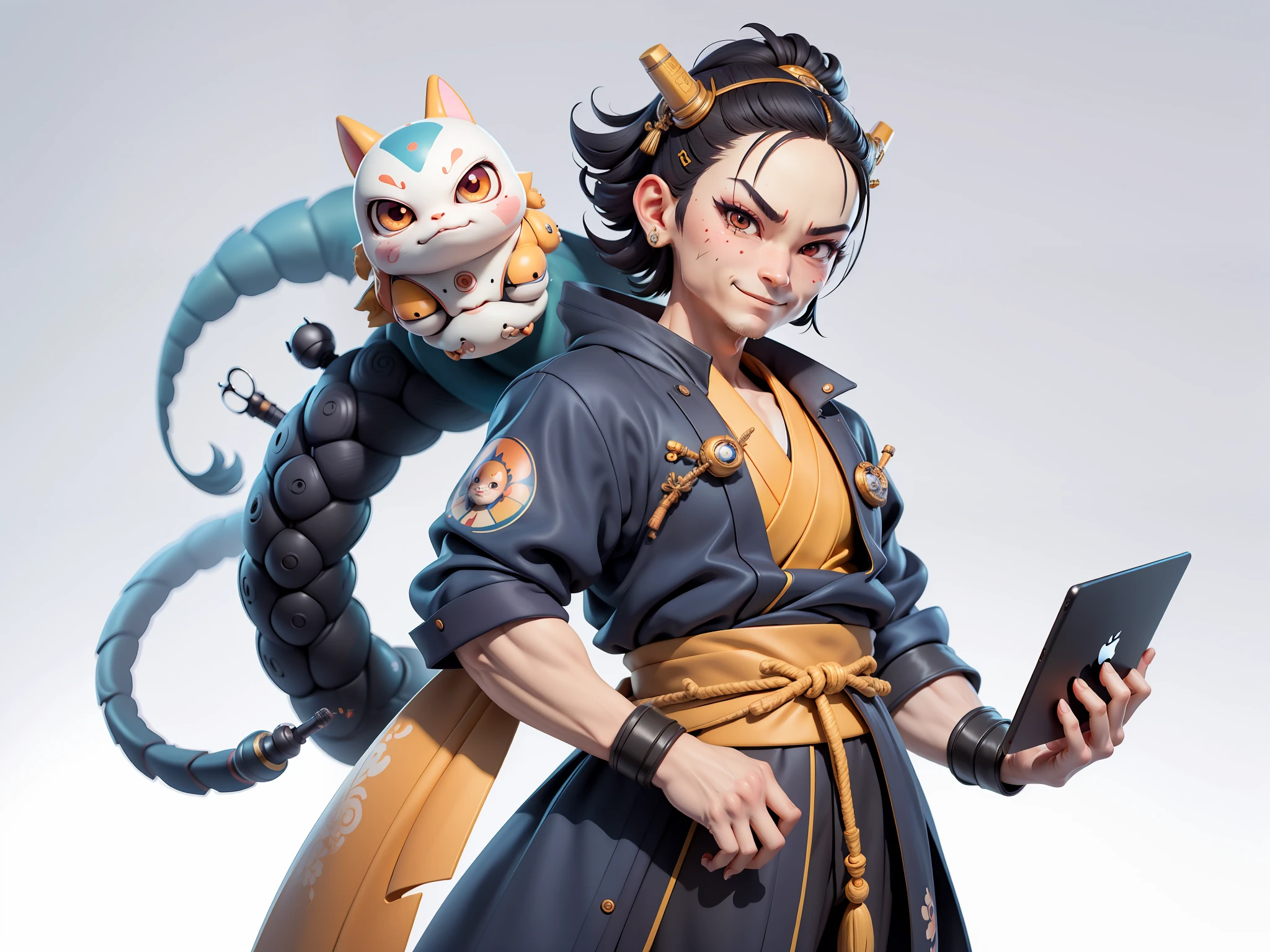 (Daisaku),(Need),(Super meticulous),(full bodyesbian:1.2),Japanese ukiyo-e girl,japanese geisha,Beautiful,Oriental dragon,Aeolian Thor,Raised sexy,爆乳,Oriental face,TV Anchor,Bust portrait illustration,Alone,In black suit,a blue tie,The face is slightly chubby,The face was clean,without a beard,Black super short hair,Black eyes,Smile confidently,3C computer sub-products,iPad, iphone,Digital painting,3D character design by Mark Clairen and Pixar and Hayao Miyazaki and Akira Toriyama,The illustration is a high-definition illustration in 4K resolution,With very detailed facial features and cartoon-style visuals。