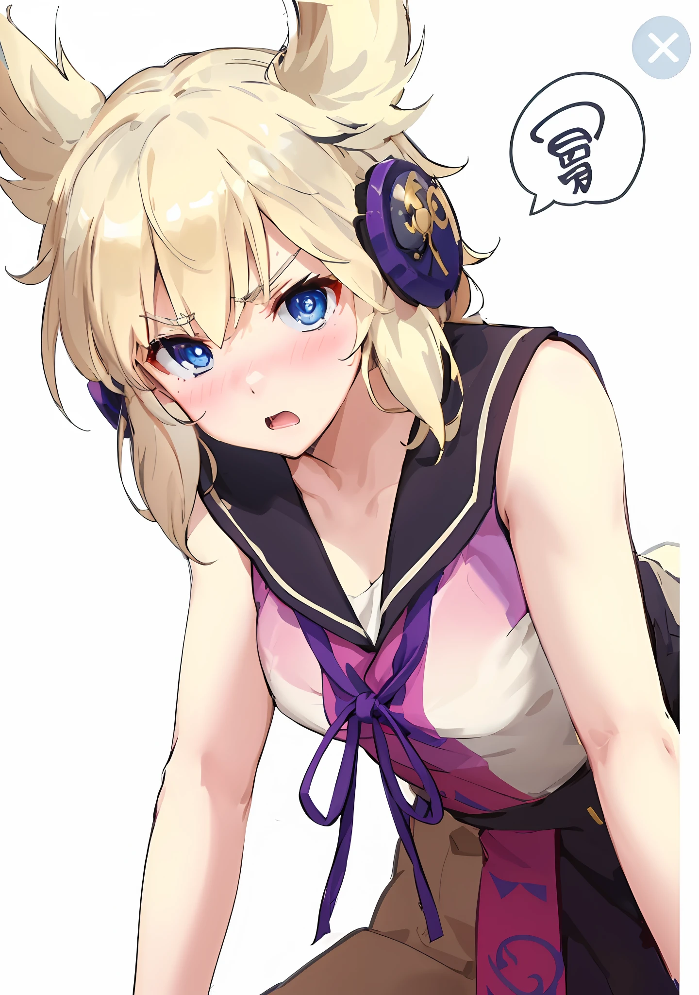 1 boy, 独奏, (Without breasts) blonde hair, blusher, open mouth,  nose blush, V-shaped eyebrows, long sleeves, Embarrassed, sash, leaning forward, D:
, (Masterpiece:1.6, Best Quality), (finely detailed beautiful eyes: 1.2),