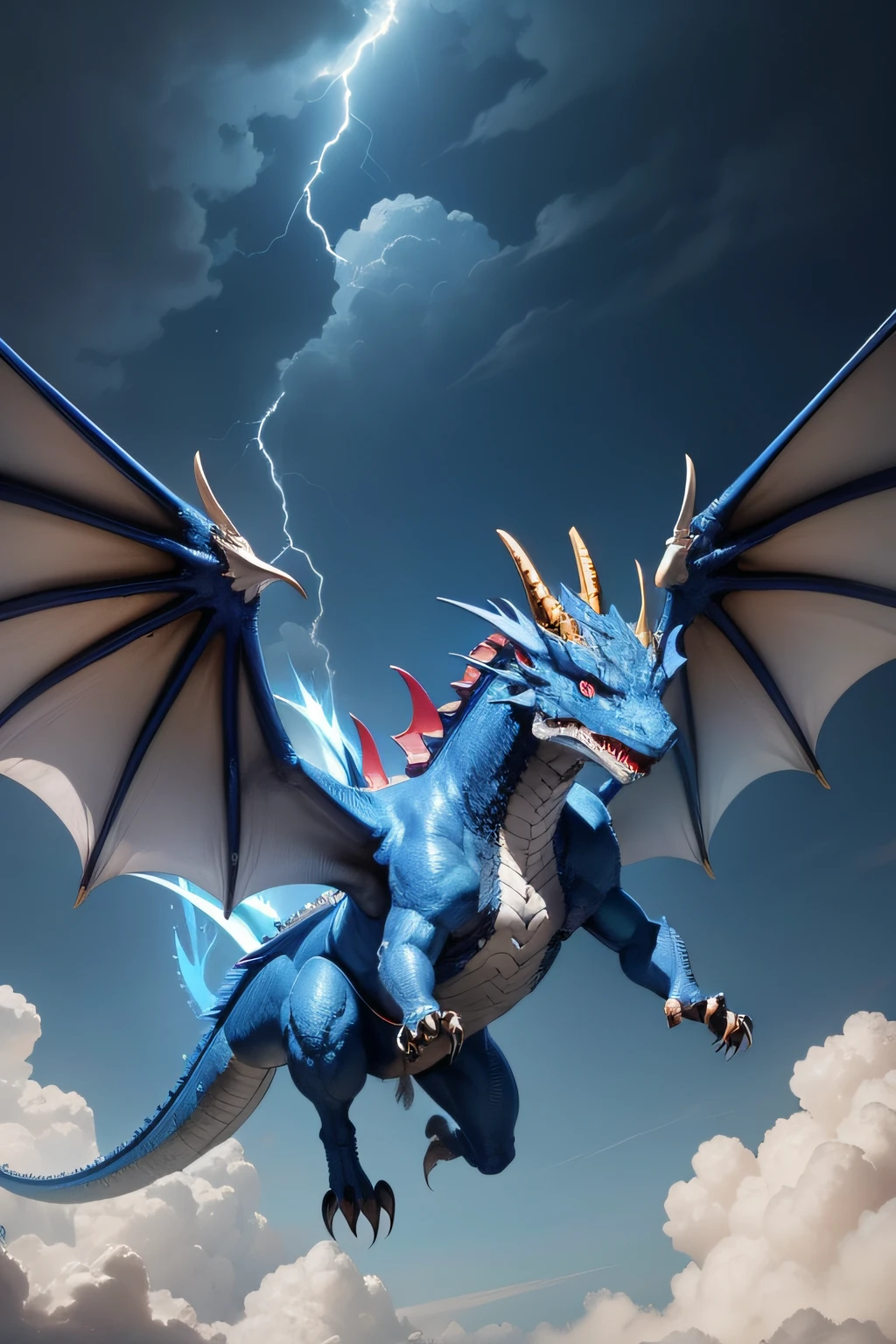 A blue-scaled dragon soaring in the sky、fine、2 horns、red eyes、large wings、sharp claws、Wearing lightning