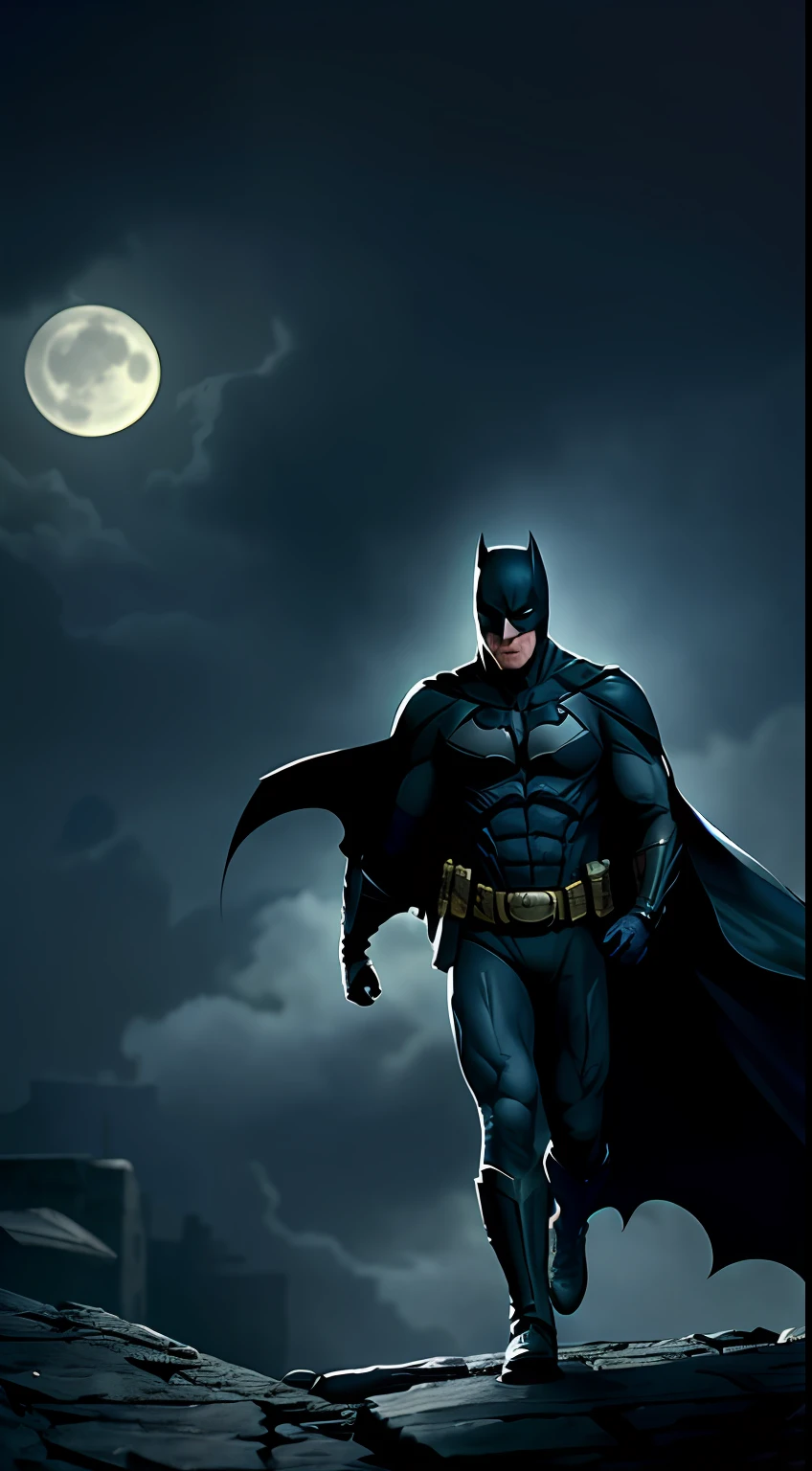 Batman of the Dark Knight is imposing in a lost gothic city. Moonlight highlights your muscles and scars. The scenery is lush and mysterious, com tecnologia futurista e arredores, Imagem centralizada.