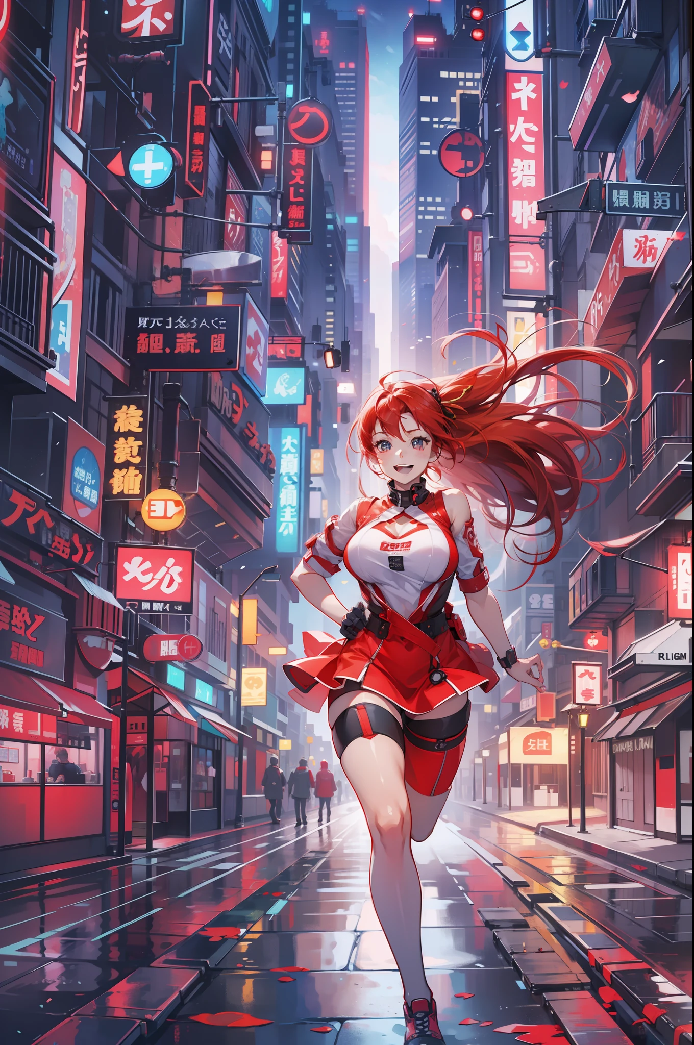 high-level image quality、８K、hightquality、Although it has a human face、Red hair beauty like a machine、large full breasts、Happy smiling face、Running figure、Image of a machine city、neons、Pillar of Light、kirakira、red clothing