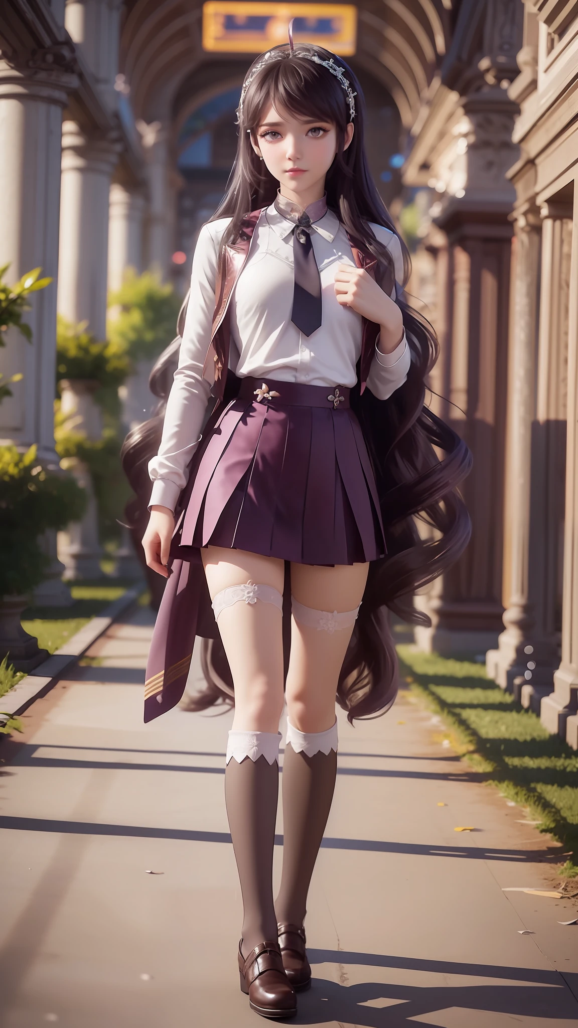 Arad woman posing for photo in short skirt and white shirt, Surrealism female students, Surrealism female students, Realistic schoolgirl, photorealistic anime girl rendering, thighhighs and skirt, 3 d anime realistic, small curvaceous loli, wearing skirt and high socks, Photorealistic anime, cute female student, Realistic anime 3 D style, female student