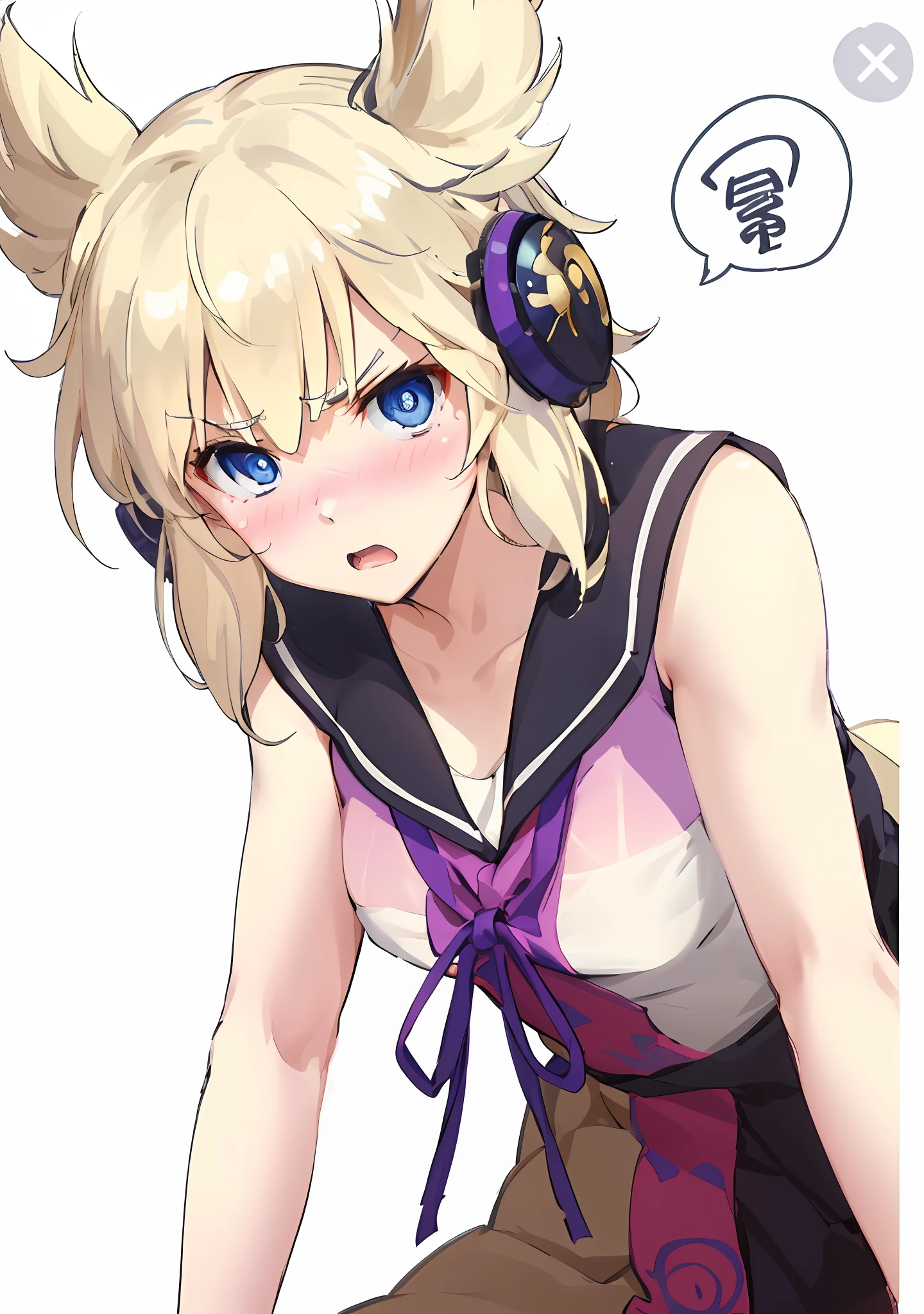 (Flat Breast), 独奏, blonde hair, blusher, open mouth, nose blush, V-shaped eyebrows, long sleeves, Embarrassed, sash, leaning forward, D:
, (Masterpiece:1.6, Best Quality), (finely detailed beautiful eyes: 1.2),