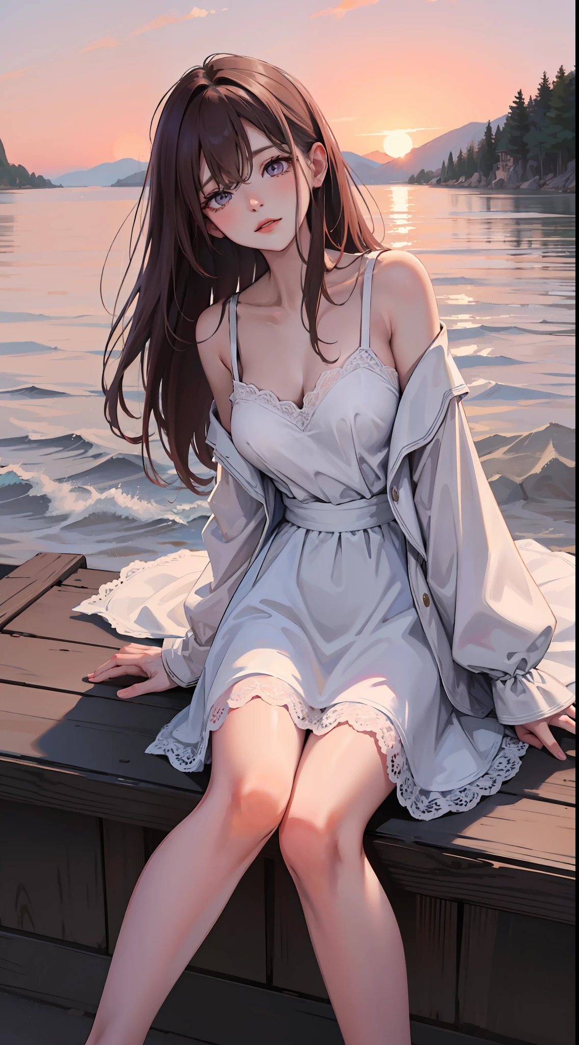 solo person,Romantic picture,Plump breasts,Powder powder milk,Light purple tulle,Lace trim,Lightness to fly,Crisp peaks are half-hidden,Deep cleavage,Waterfront view,at dusk at golden hour,Fiery red sunset,Jade legs overlap,Moisturizes skin,Delicate,Zhu's lips opened lightly,Side sleeping beach,Left hand to support the head,Stroke your leg with your right hand,Head lightly tilted to the side,Lazy demeanor,Waiting for a caress