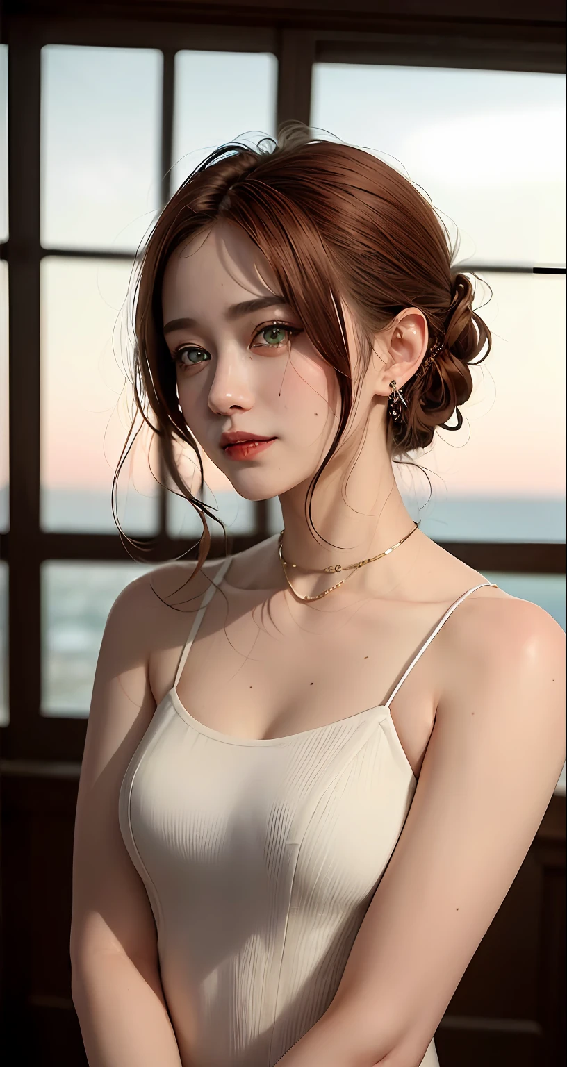 8k, RAW Photography, portlate, Kamimei、short-hair、top-quality, Functional、超A high resolution、耳Nipple Ring、鎖骨、onepiece、Braids、window、Photorealsitic, 女の子1人, full bodyesbian, redhair, Green eyes、piercings, a smile, eye lashes, 电影灯光, depth of fields, lensflare