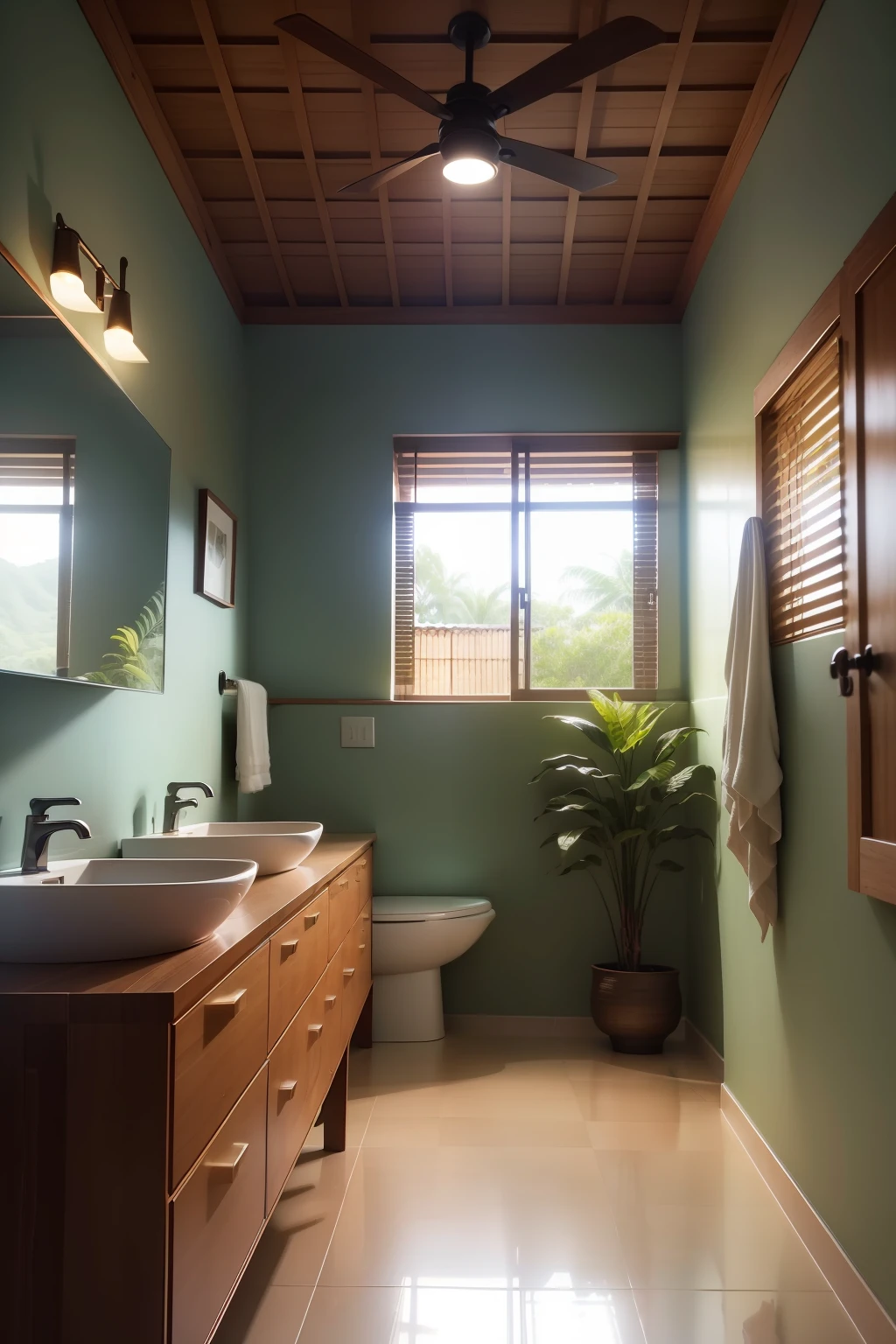 "Produce a realistic image of a bathroom with a decoration inspired by the Brazilian style. The walls are painted in a soft shade of green, evocando a natureza exuberante do Brasil. The atmosphere is simple, but elegant and welcoming.
No centro do banheiro, There is a rustic wooden countertop, que incorpora o charme natural da cultura brasileira. The countertop is complemented by a handmade ceramic sink, adding an artistic touch to the simplicity of the environment.
Highlight soft lighting, with natural light filtering through a generously sized window, bathing the area in a warm and inviting light. Detalhes cuidadosos devem ser incorporados, such as the textures of the wood of the countertop and the unique pattern of the sink ceramic.
Capture the feeling of comfort and authenticity of this Brazilian style bathroom, where the balance between nature and design is celebrated in an unpretentious way, mas encantadora."