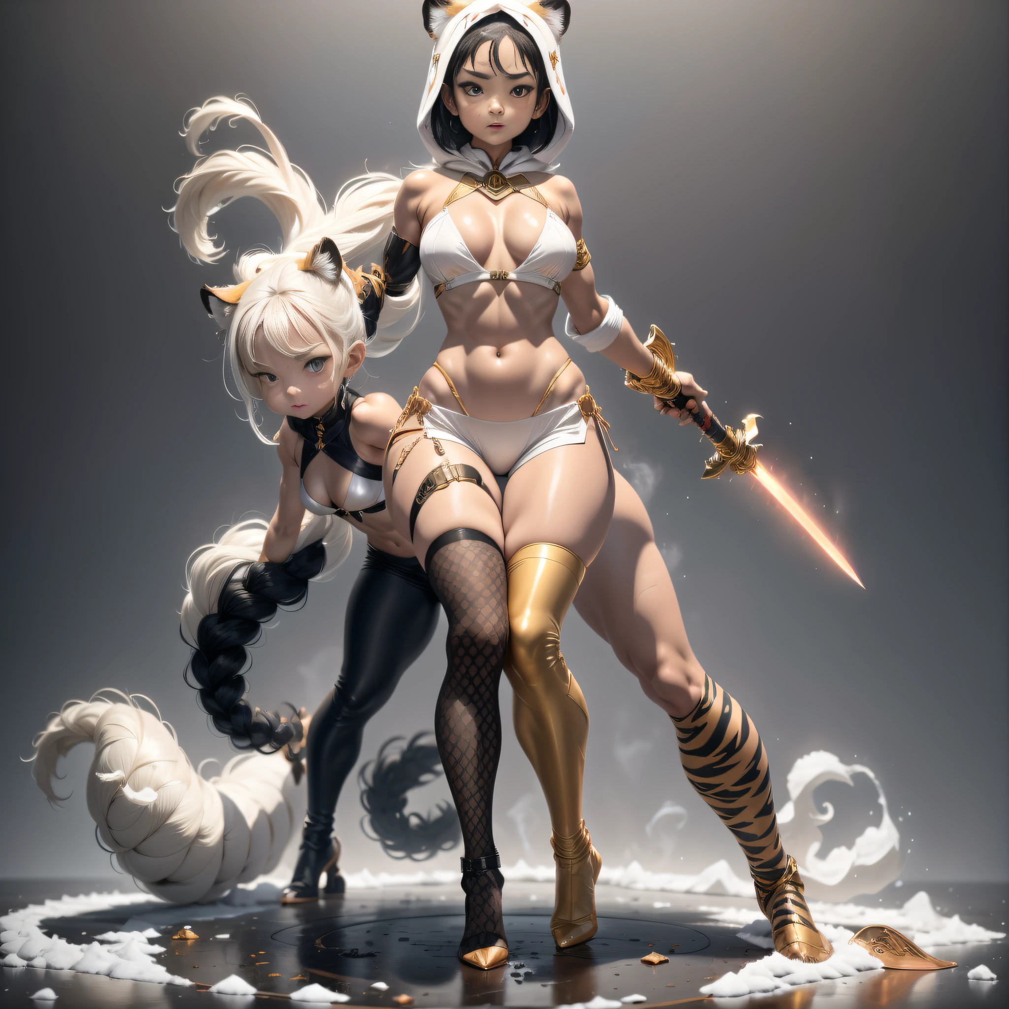 Copper model,Tiger hood, Silver weapons, Half body side, Weapons of the future, 32K, Linen cloak, Top quality, Masterpiece:Faust,,1 child, short detailed hair, thin fog, (tmasterpiece,k hd,hyper HD,16k),clutching a sword,blood sky, Brunette knife, Shorts smoke, Mist coating, bandagens, sword sheath, Masks, 独奏,Ivory white background