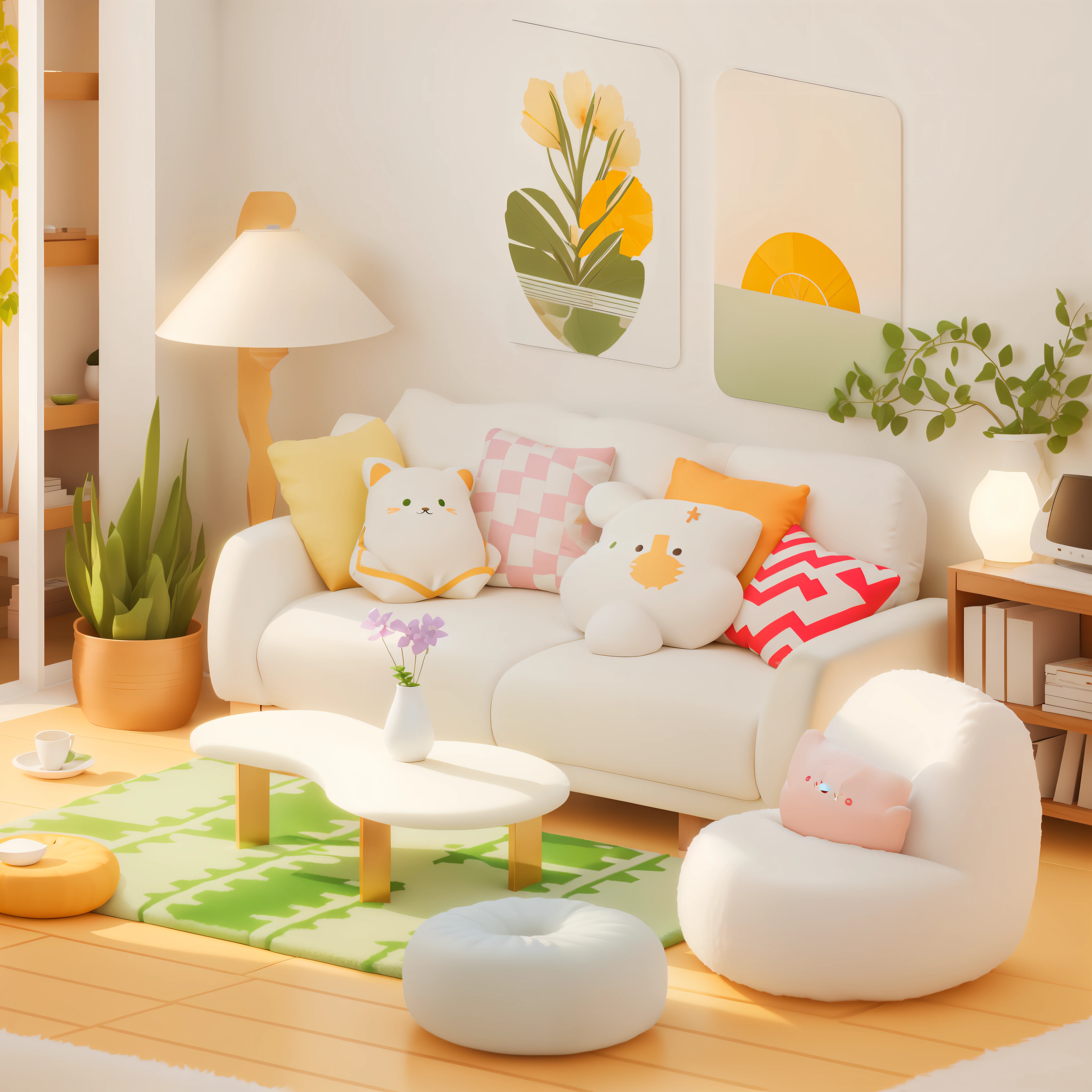 there is a living room with a white couch and a green rug, cute 3 d render, cozy home background, cozy living room background, soft 3d render, stylized 3d render, fully detailed render, animation style render, highly detailed scene, very detailed render, highly detailed render, detailed render, super detailed render, in a living room, living room background