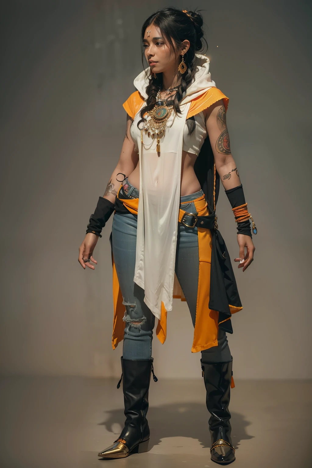 ( 
    (Character: one mexican woman, mystic, brown skin, black medium messy hair, abs) 
    (Clothing: orange inca poncho, inca pants, amulets, inca tattoos, boots)
    (Pose: full body shot:1.7, dynamic pose)
    (blurry, intense urban lights in background) 
    (Style: ((masterpiece:1.5)), (face detailed), photo-realistic:1.3, hyperrealistic, foggy, high contrast, shiny skin, soft lighting, backlighting, bloom, light sparkles, chromatic aberration)