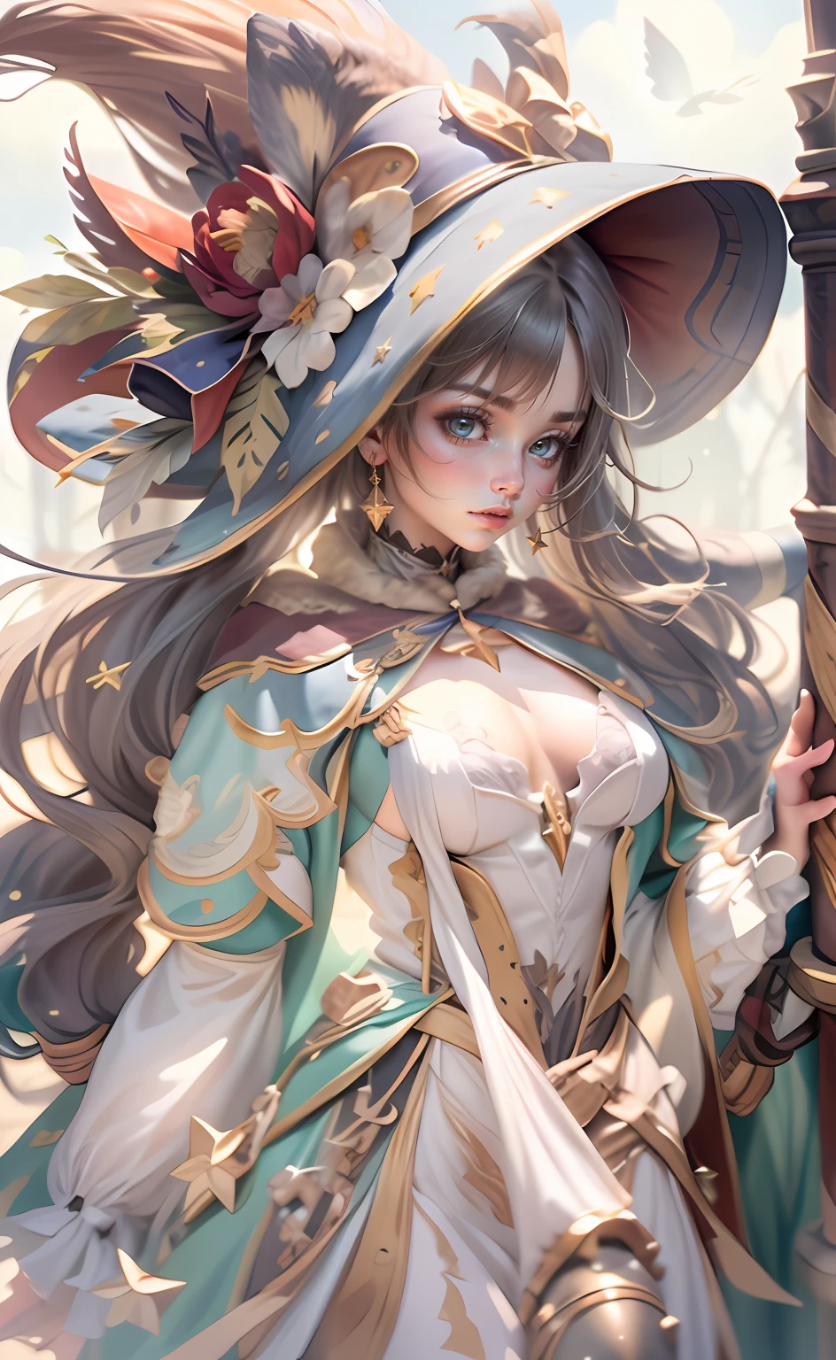 tmasterpiece,best qualtiy,ultra - detailed,illustratio,1girll,独奏,fanciful,flight,broom,nigh sky,exteriors,magia,incantation,themoon,As estrelas,clouds,ventania,the hair,cloaks,bucket-hat,Boots,broom,with light glowing,mistic,Attractive cleavage,Whimsical,fun,Adventurous,Free,Miraculous,Imaginative,Determined,Skillful,Speedy,kinetic,Energetic,Realist,Naturalistic,Figurative,Figurative,The beautiful,Fantasy culture,mito,fairytale-like,Middle Ages,legends,sorceress woman,the witcher、Magical creatures、Fantasy world、proportionate、foreground、中景 the scene is、Background with、ssee-through、llight rays、colours、Textured、the detail、Beauty Feeling、miracle,beautiful boobs,Magic surrounds,Magic unleashed,Ray traching,Large breast size,