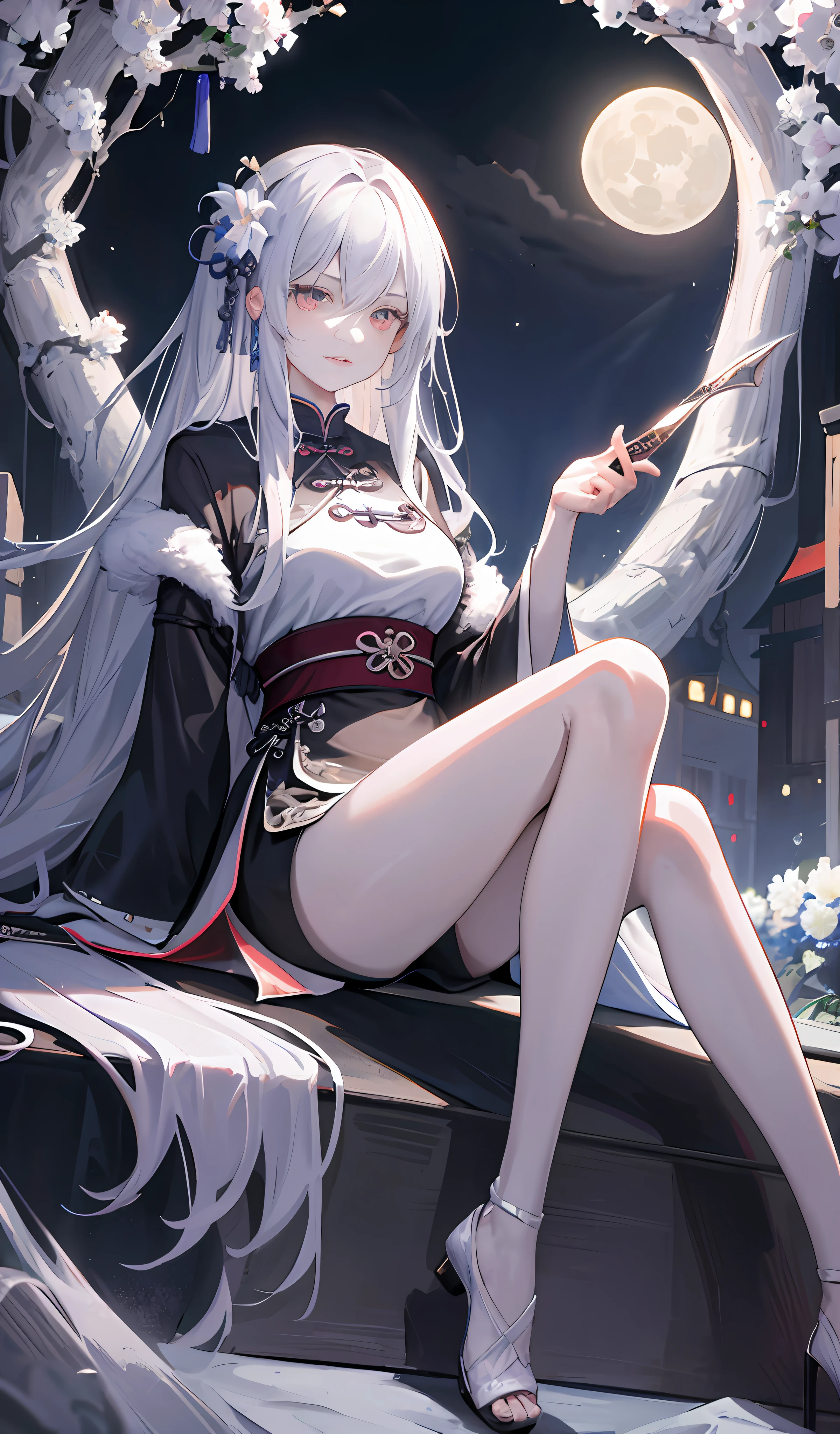 Masterpiece, Best, Night, Full Moon, 1 Female, Mature Woman, Chinese Style, Ancient China, Elder Sister, Royal Sister, Cold Face, Expressionless, Silver White Long Haired Woman, Pale Pink Lips, Calm, Intellectual, Three Belts, Gray Hitomi, assassin, dagger, flower ball background, street view