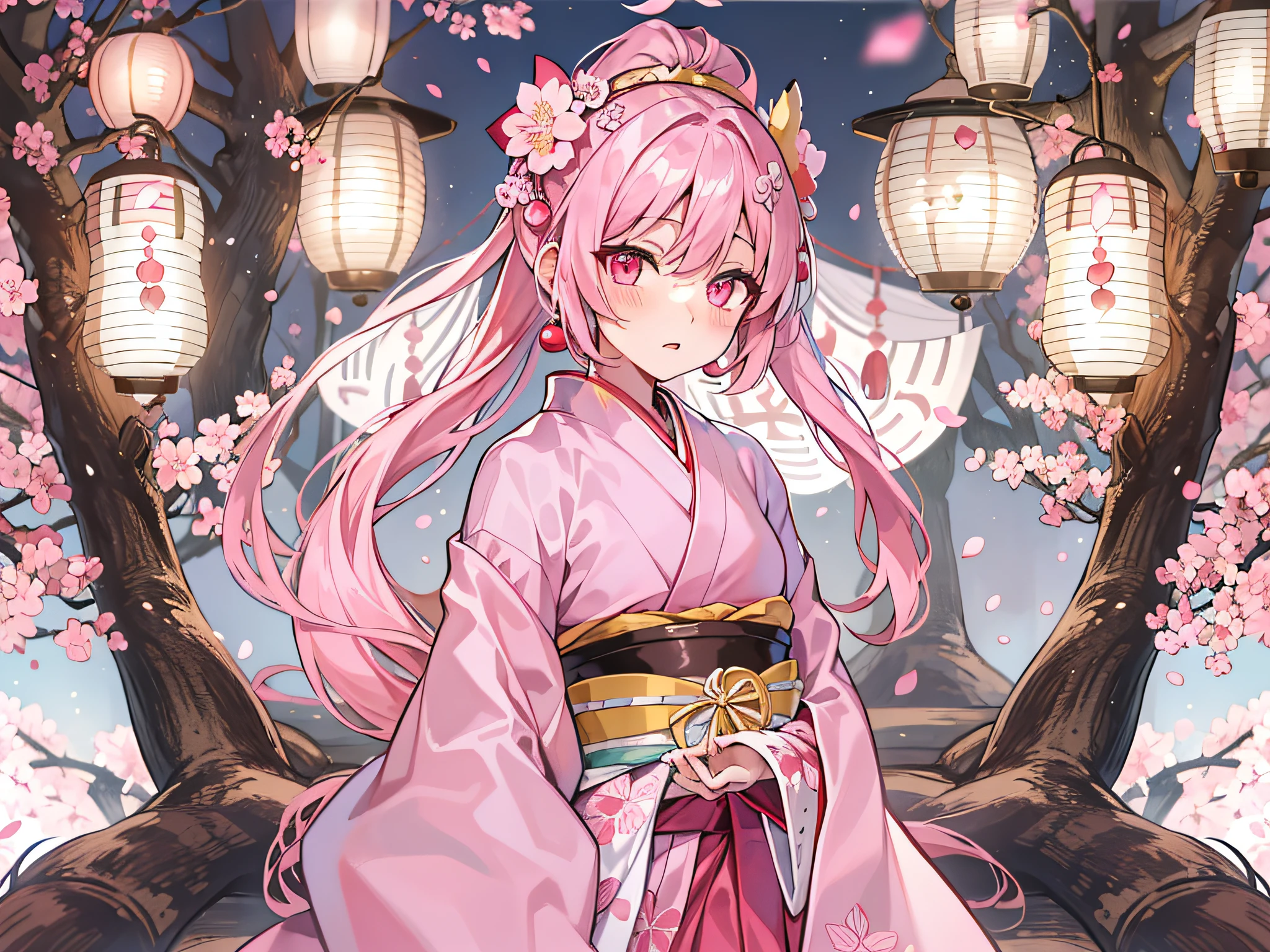 Pale pink eyes，Cherry blossom lantern hakama，Long-edged ponytail，A pink-haired，clogs，gentle expressions，Cherry blossom forest，the night，Pink bow headband，full bodyesbian，Japanese-style village，Lanterns，half-close eyes，bit girl