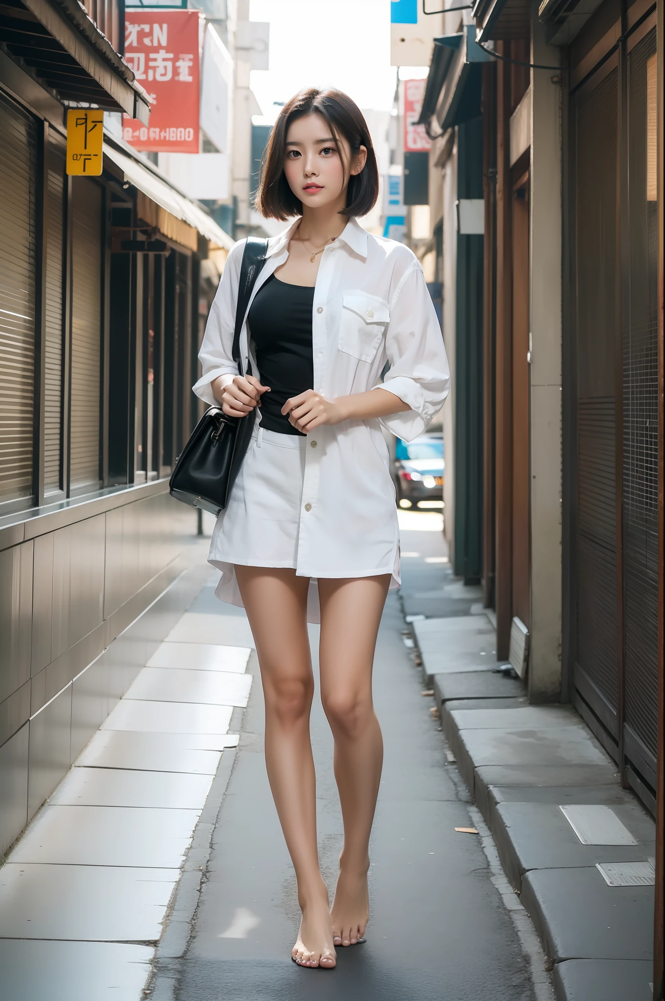 8k,best qualtiy,(Bigchest,rosto magro)An Asian woman,eye makeup,Summer clothes,Tall figure,Barefoot,Full body photo,street