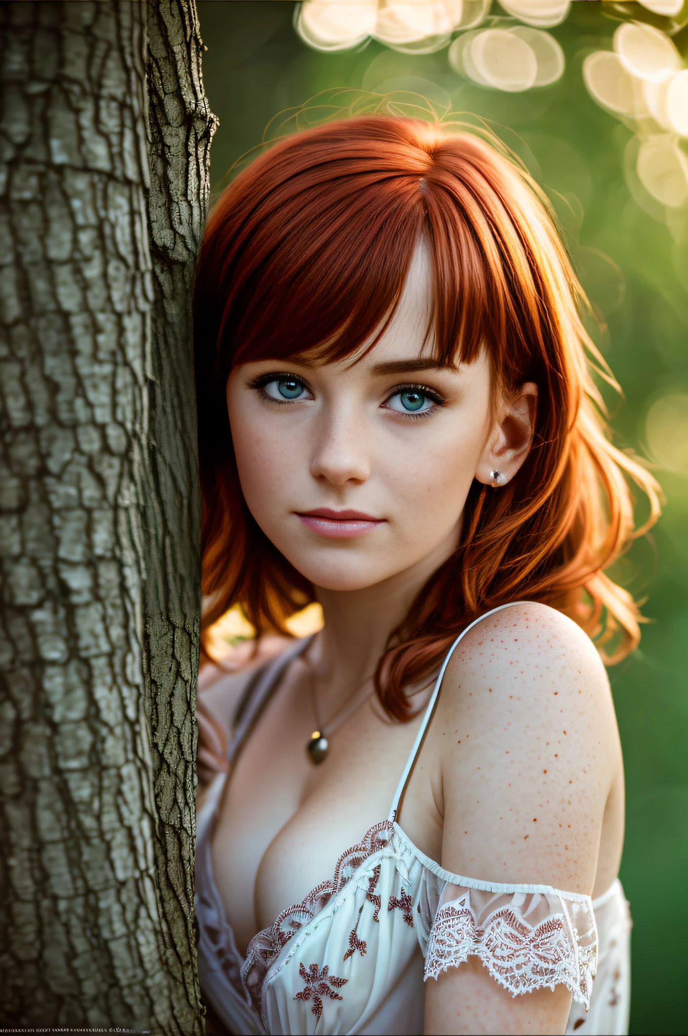 (32k, RAW photo, cinematic rendering) depth of field, bokeh, 32K, HDR, cinematic rendering, a portrait of a 36-year-old redhead, framing from the navel, some small freckles, dressed in a tattered nightie, straps dropped, peeled, leaning against a tree in the wilderness, goosebumps, cinematic, faded colors, dark shot, muted colors,  grainy film, read, crazy details, intricate details, hyperdetailed, sunset, shyness, seduction, romance, looks at camera lens lovingly, no visible hand