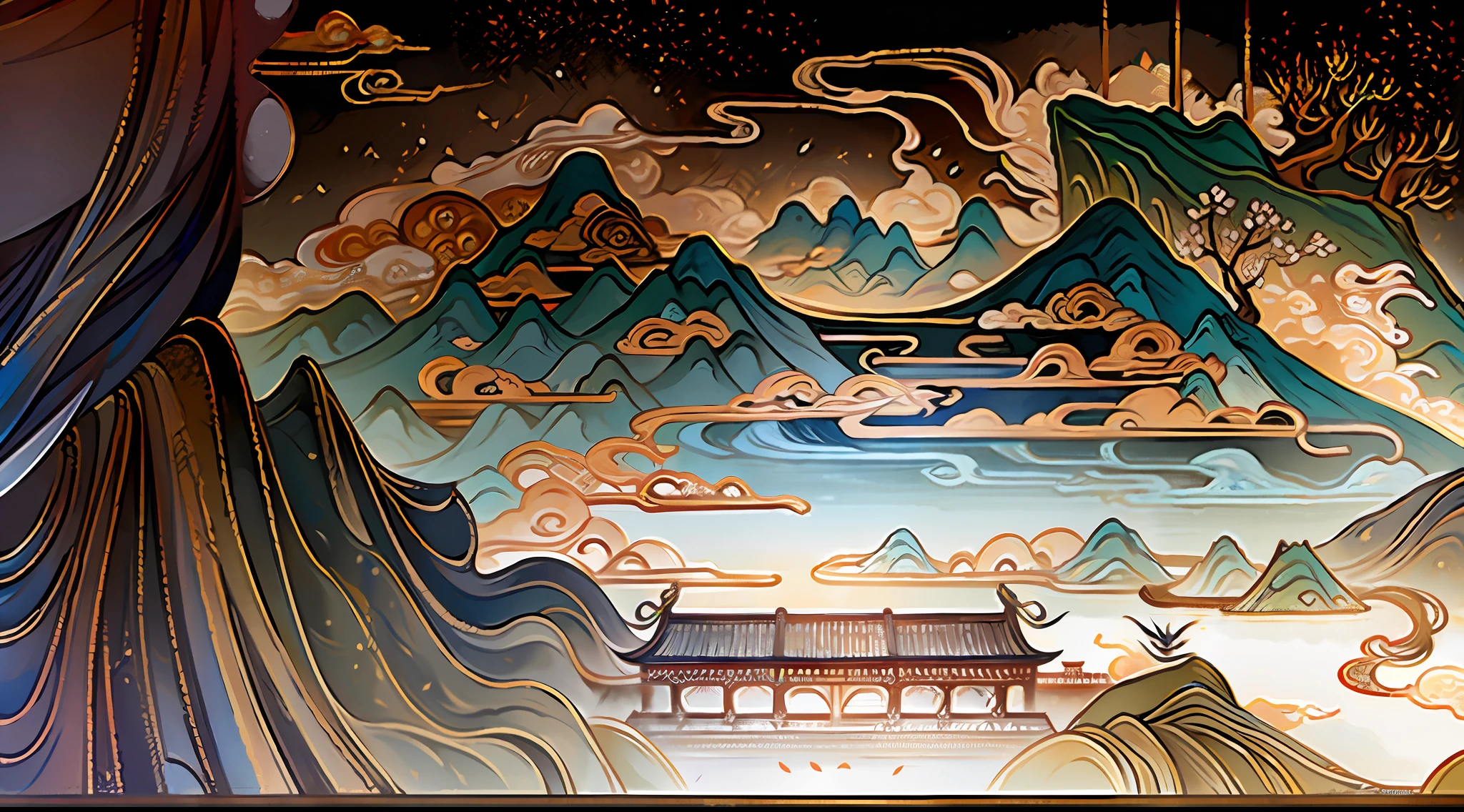 An ancient Chinese painting, ancient Chinese background, mountains, rivers, auspicious clouds, pavilions, sunshine, masterpieces, super detail, epic composition, ultra HD, high quality, extremely detailed, official art, unified 8k wallpaper, Super detail, 32k -- v 6