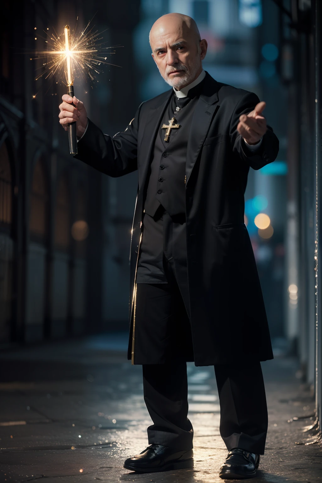 (
(Character: one italian man, 70 years old, exorcist, serious face,bald),(sfw:1.3)
(Clothing: Priest's vest, holding a holy symbols, shoes)
(Pose: full body shot:1.7, dynamic pose)
(blurry, intense urban lights in background)
(Style: ((masterpiece:1.5)), (face detailed), photo-realistic:1.3, hyperrealistic, foggy, high contrast, shiny skin, soft lighting, backlighting, bloom, light sparkles, chromatic aberration)