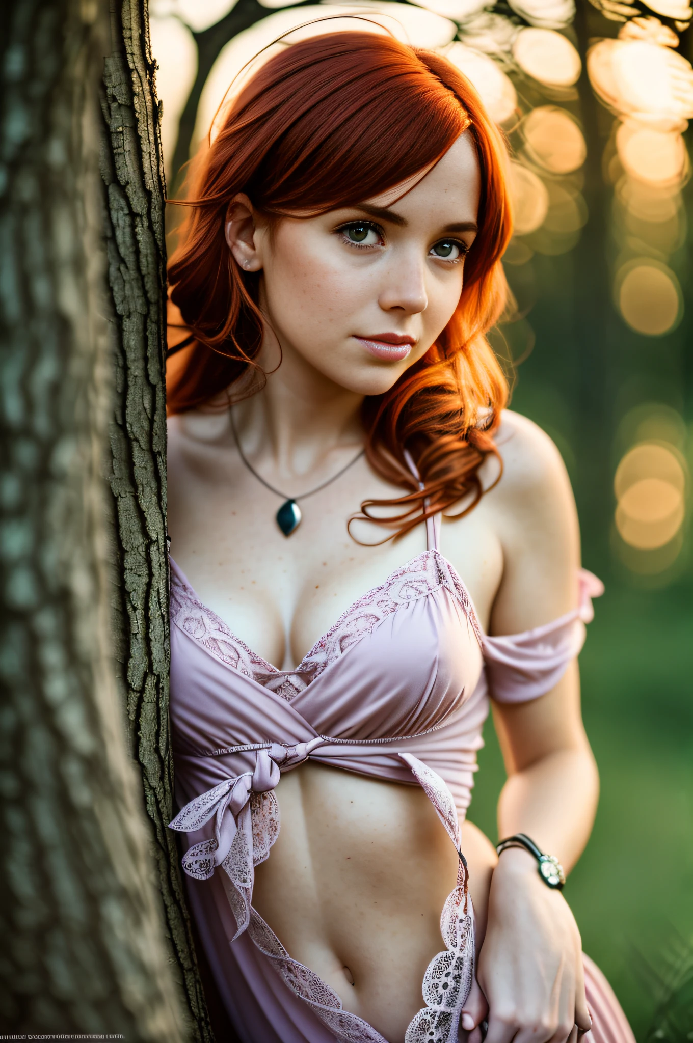 (32k, RAW photo, cinematic rendering) depth of field, bokeh, 32K, HDR, cinematic rendering, a portrait of a 36-year-old redhead, framing from the navel, some small freckles, dressed in a tattered nightie, straps dropped, peeled, leaning against a tree in the wilderness, goosebumps, cinematic, faded colors, dark shot, muted colors, grainy film, read, crazy details, intricate details, hyperdetailed, sunset, shyness, seduction, romance, looks at camera lens lovingly, no visible hand