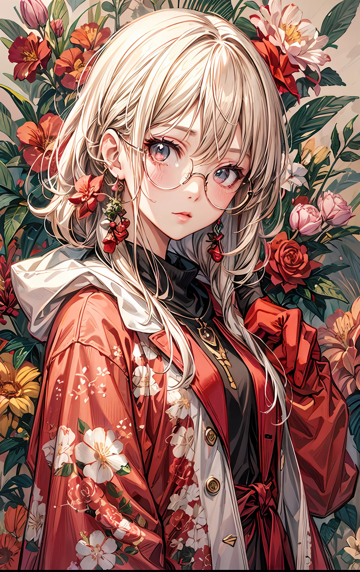 anime girl with glasses and a red hat sitting on a ledge, artwork in the style of guweiz, high quality portrait, anime vibes, anime aesthetic, wearing a hoodie and flowers, beautiful anime portrait, 🌺 cgsociety, with flowers, beautiful anime art style, artgerm and atey ghailan, high quality anime artstyle, trending anime art, anime girl