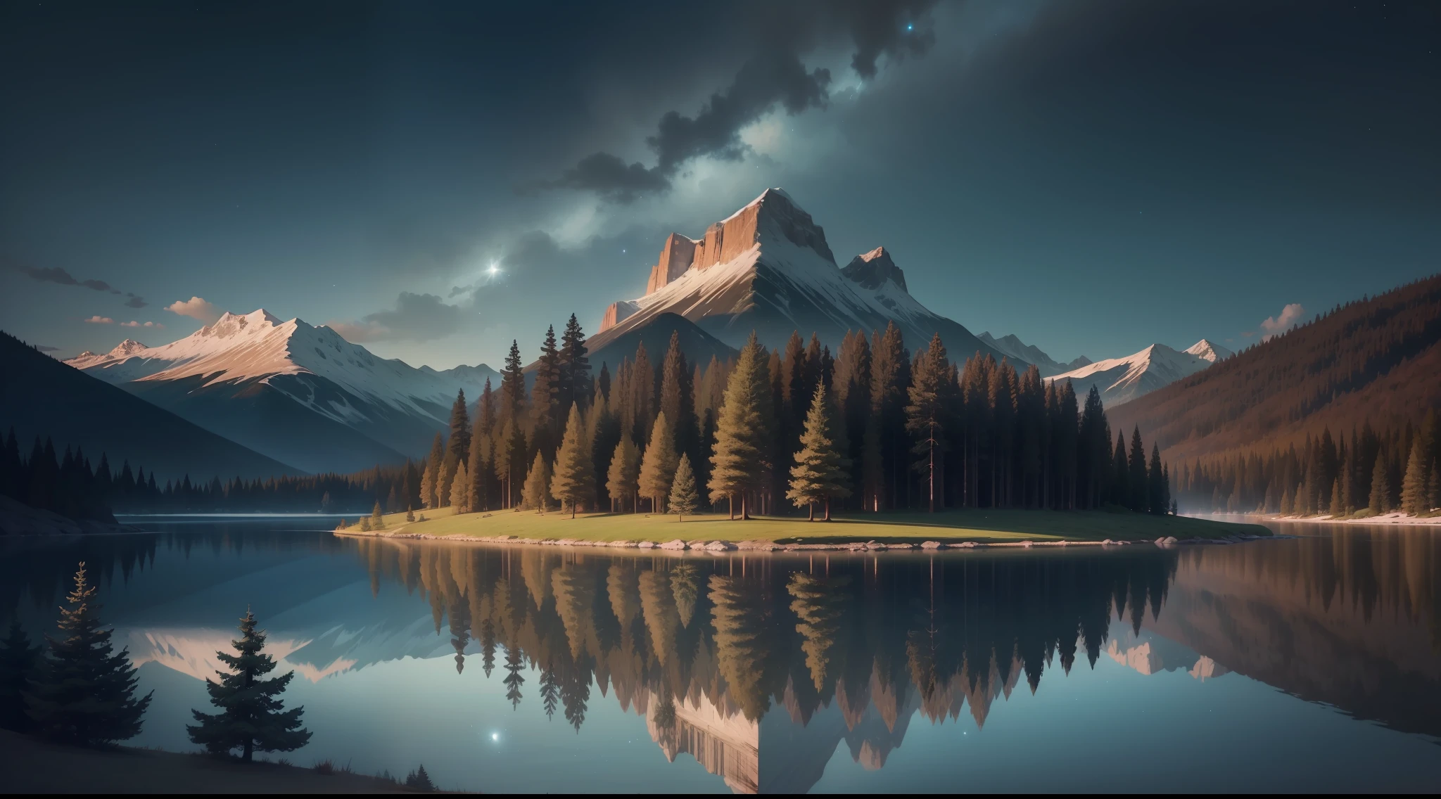 - A realistic image featuring a large tree on a small island in the middle of a lake
- The tree is a conifer with a large trunk and branches extending outward
- The island is small and covered with grass
- The lake is calm, reflecting the tree on its surface
- The background includes mountains and a forest of coniferous trees
- The image exudes a dreamy and peaceful atmosphere
- The starry sky adds a shining touch to the scene.