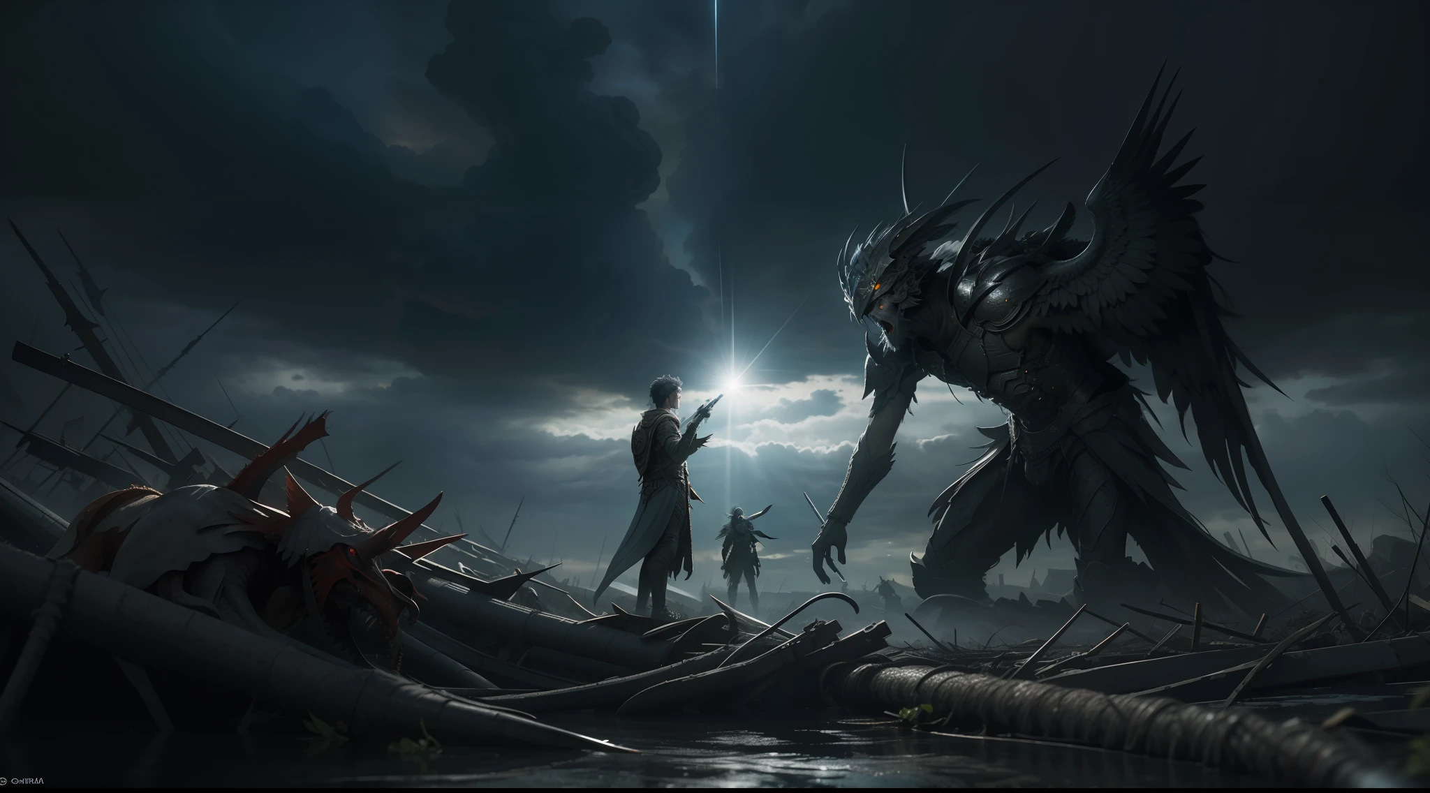 Imagine an epic battle scene where a Nephilim, A gigantic being of biblical proportions, is in confrontation with humans. O Nephilim, with skin of a pale gray, burning eyes and huge wings that stretch into the sky, domina a cena. Os humanos, though diminutive in comparison, are engaged in a fierce struggle, empunhando espadas e escudos. The setting is a desolate battlefield, with the stormy sky above and the earth below stained by the spilled blood. The lighting is dark and dramatic, com raios de luz quebrando as nuvens para destacar o Nephilim. The colors are intense and saturated, com vermelhos profundos, pretos e cinzas predominantes. The composition of the photo is done with a wide-angle lens to capture the scale of the battle, com o Nephilim no centro e os humanos lutando bravamente ao seu redor. A foto deve ser hiper-realista, Highly detailed and in high resolution 16k. --ar 16:9 --v 5.1 --style raw --q 2 --s 750