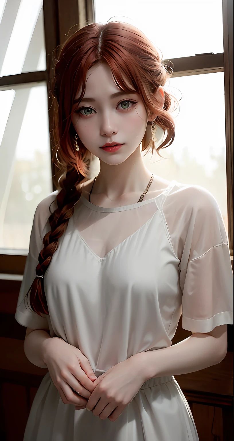 8k, RAW Photography, portlate, Kamimei、short-hair、top-quality, 超A high resolution、鎖骨、onepiece、Braids、window、Photorealsitic, 女の子1人, full bodyesbian, redhair, Green eyes、piercings, a smile, eye lashes, 电影灯光, depth of fields, lensflare