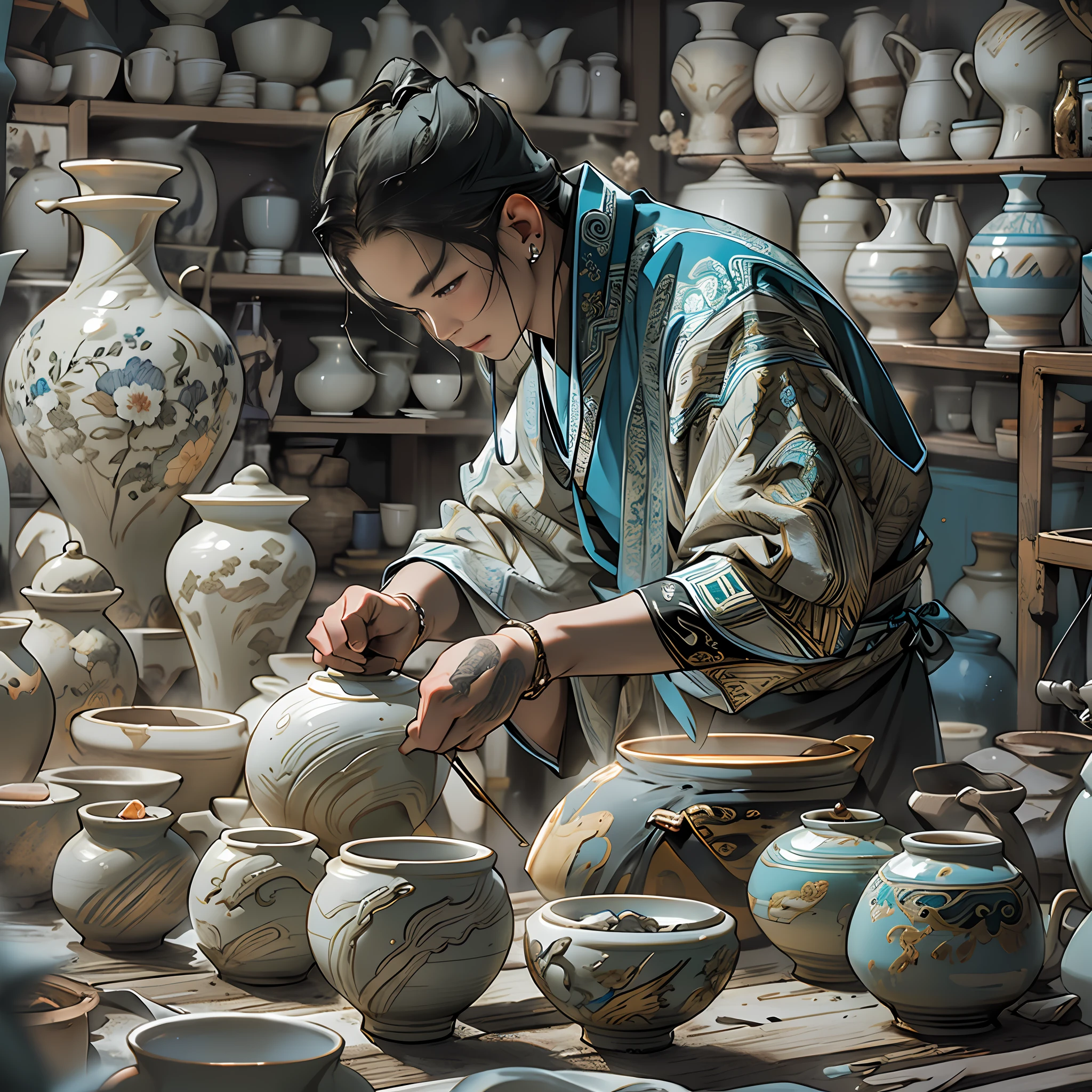 bustling artisan in the imperial porcelain workshop, carefully shaping clay into delicate ceramic vessels, attention to precision and symmetry, steady hand movements, focused and determined expression, traditional attire with a contemporary twist, monochromatic color scheme with a pop of vibrant color, dramatic lighting highlighting the details, Ming Dynasty style, by Shen Zhou
